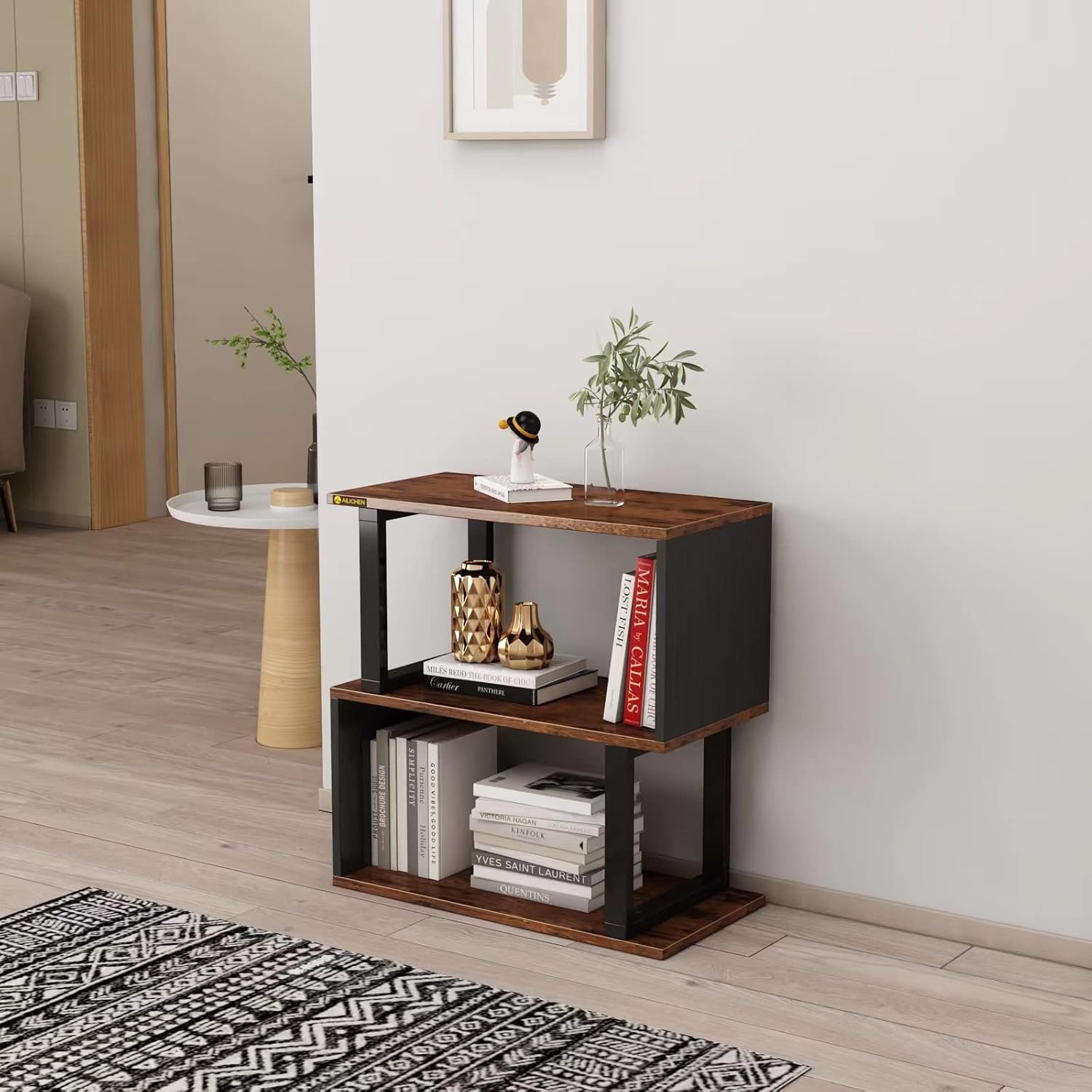 3-Tier Bookshelf, S-Shaped Bookshelves and Open Shelf Bookcase, Modern Freestanding Multifunctional Decorative Storage Shelving Wood Look Accent Metal Frame Furniture for Living Room Home Office - Image 3