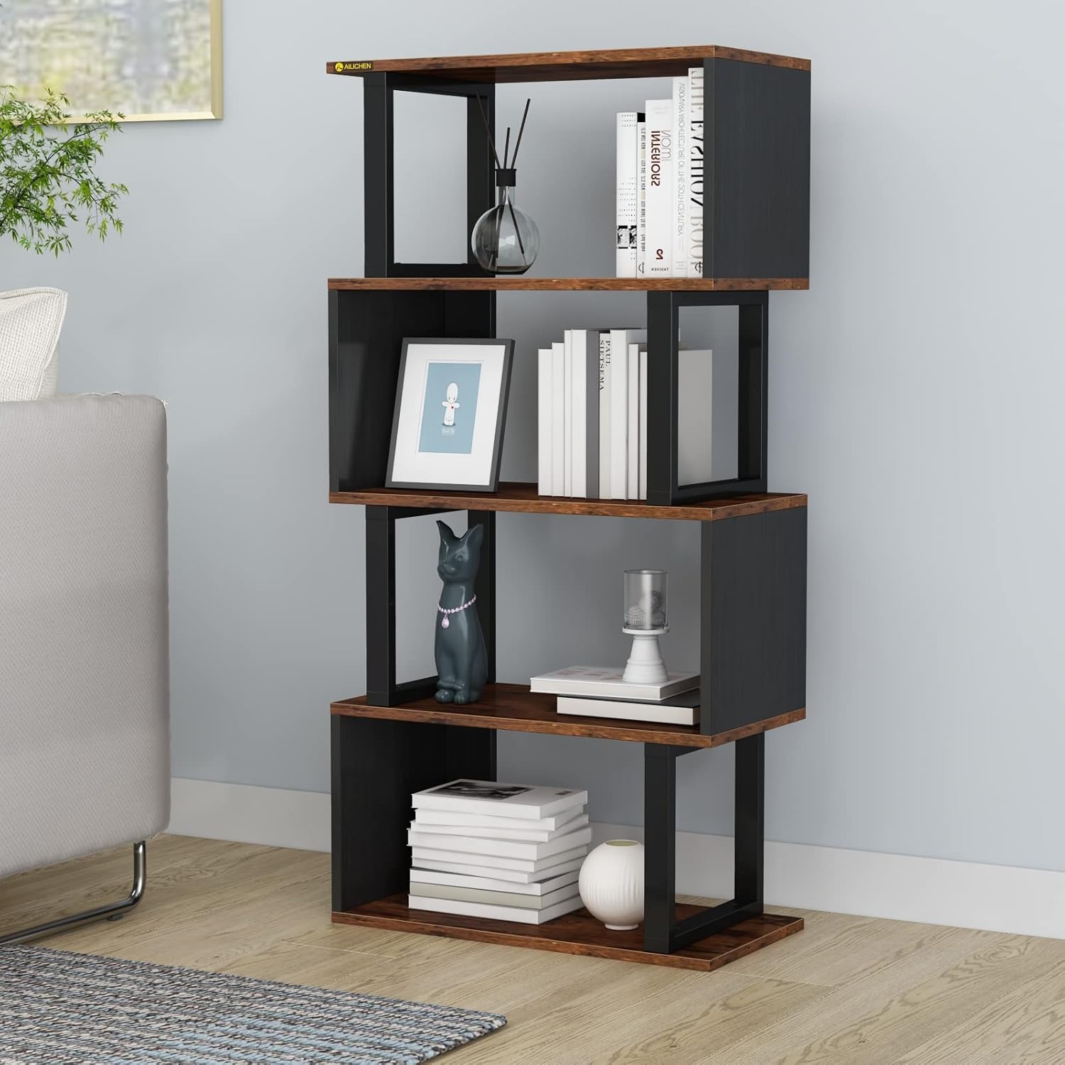 3-Tier Bookshelf, S-Shaped Bookshelves and Open Shelf Bookcase, Modern Freestanding Multifunctional Decorative Storage Shelving Wood Look Accent Metal Frame Furniture for Living Room Home Office - Image 7