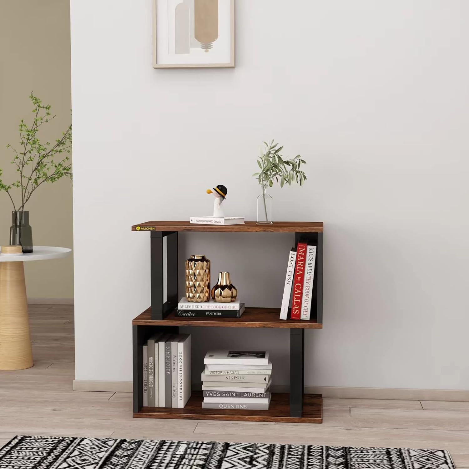 3-Tier Bookshelf, S-Shaped Bookshelves and Open Shelf Bookcase, Modern Freestanding Multifunctional Decorative Storage Shelving Wood Look Accent Metal Frame Furniture for Living Room Home Office - Image 4