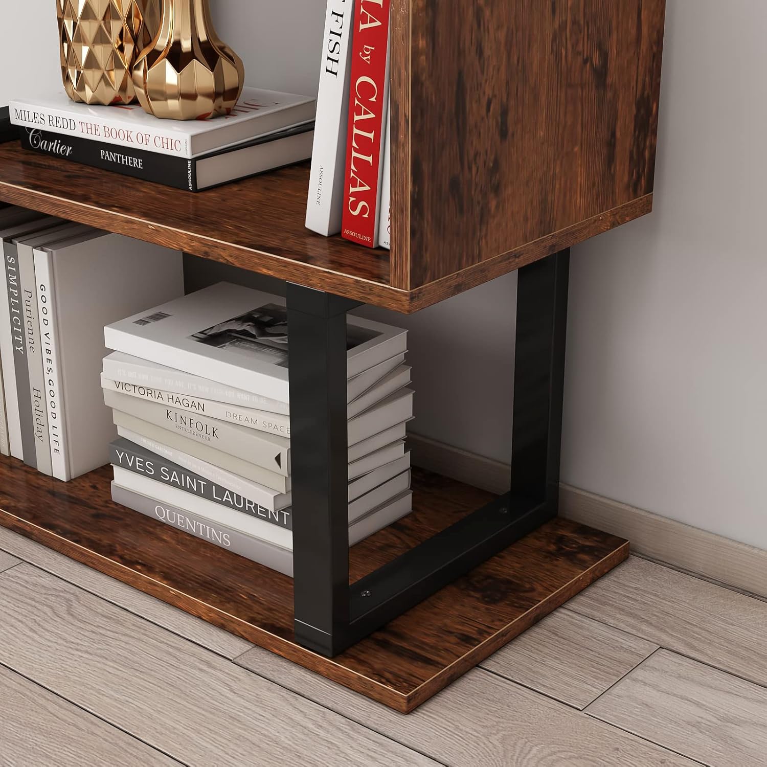 3-Tier Bookshelf, S-Shaped Bookshelves and Open Shelf Bookcase, Modern Freestanding Multifunctional Decorative Storage Shelving Wood Look Accent Metal Frame Furniture for Living Room Home Office - Image 5