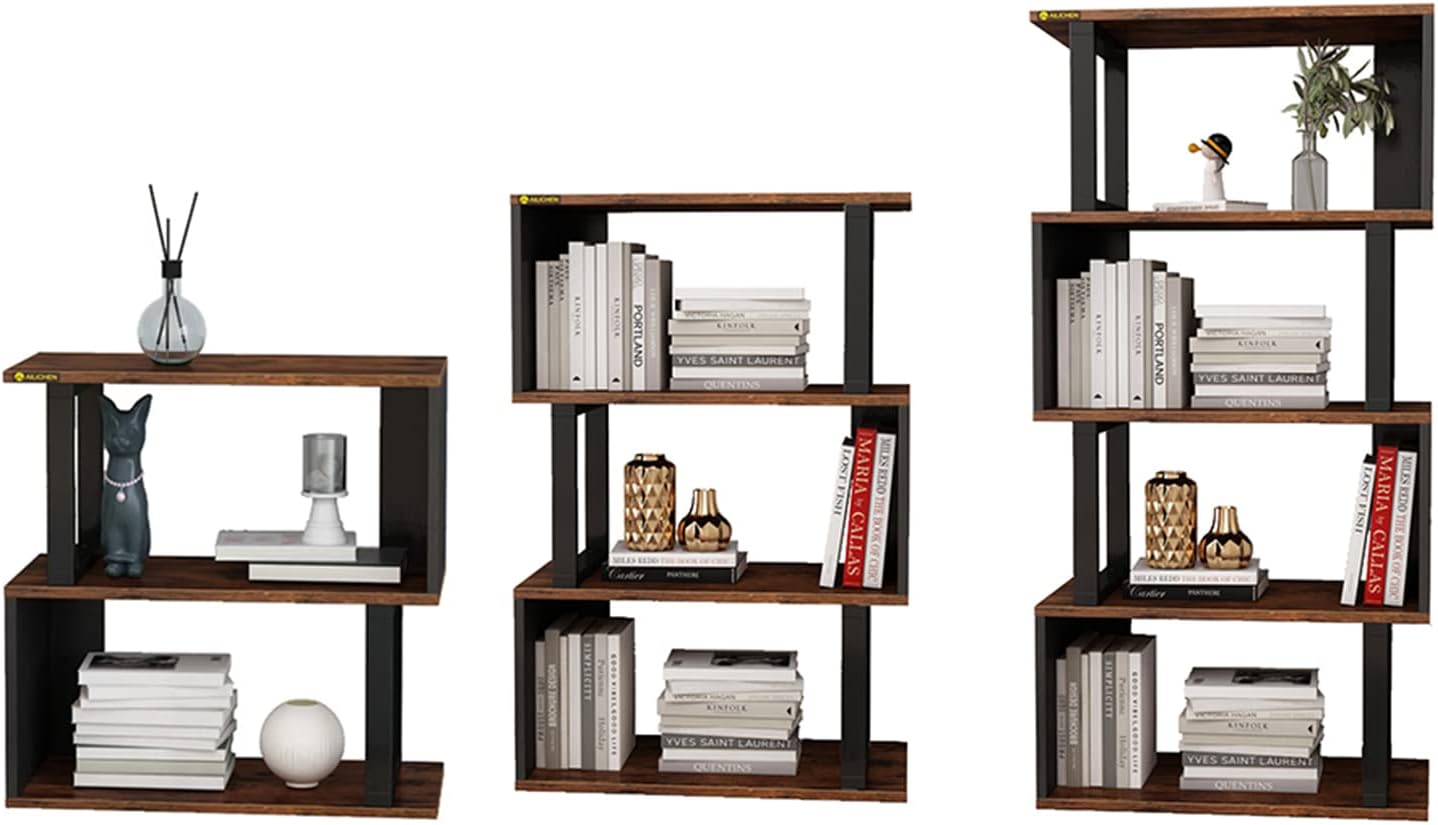 3-Tier Bookshelf, S-Shaped Bookshelves and Open Shelf Bookcase, Modern Freestanding Multifunctional Decorative Storage Shelving Wood Look Accent Metal Frame Furniture for Living Room Home Office - Image 9