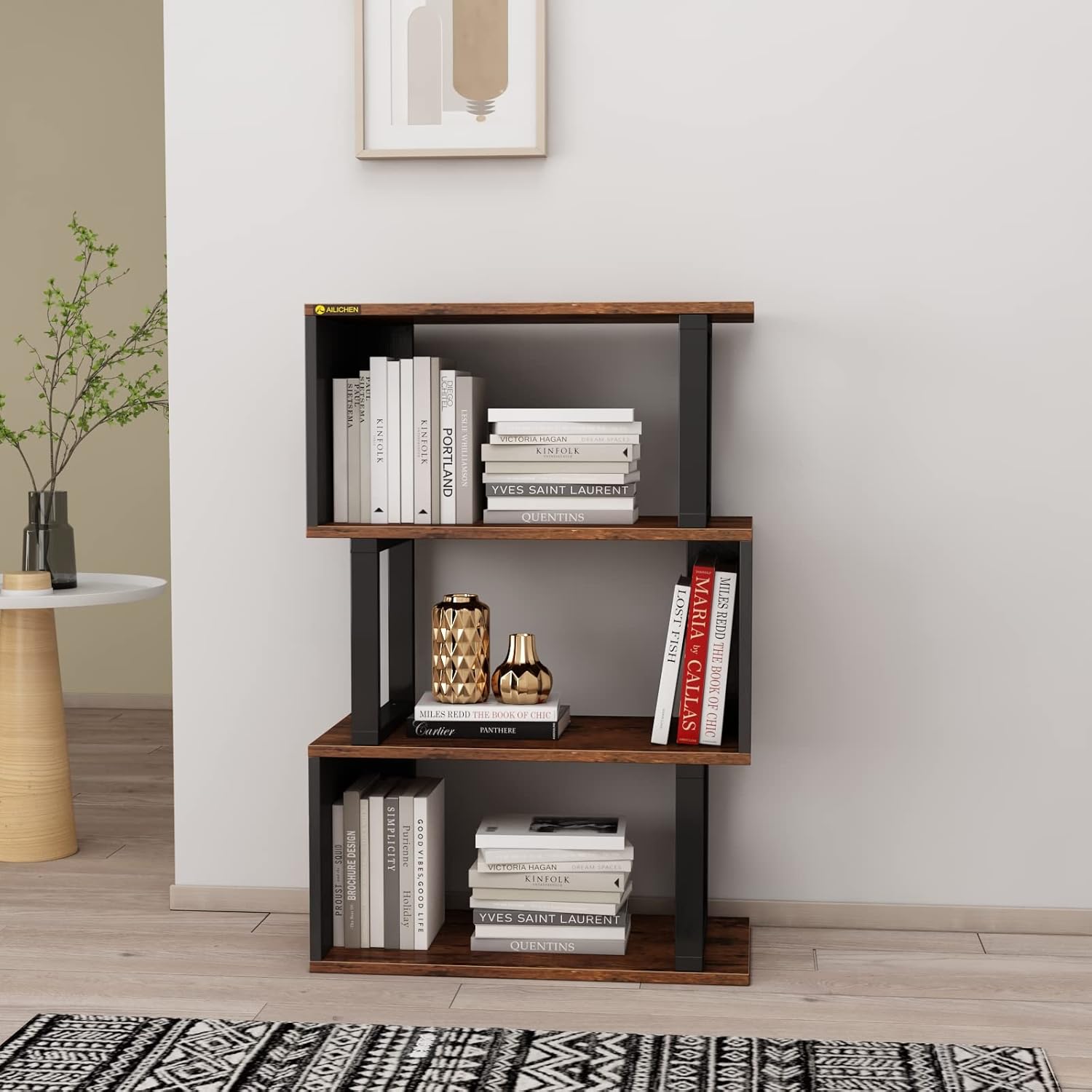 3-Tier Bookshelf, S-Shaped Bookshelves and Open Shelf Bookcase, Modern Freestanding Multifunctional Decorative Storage Shelving Wood Look Accent Metal Frame Furniture for Living Room Home Office - Image 10