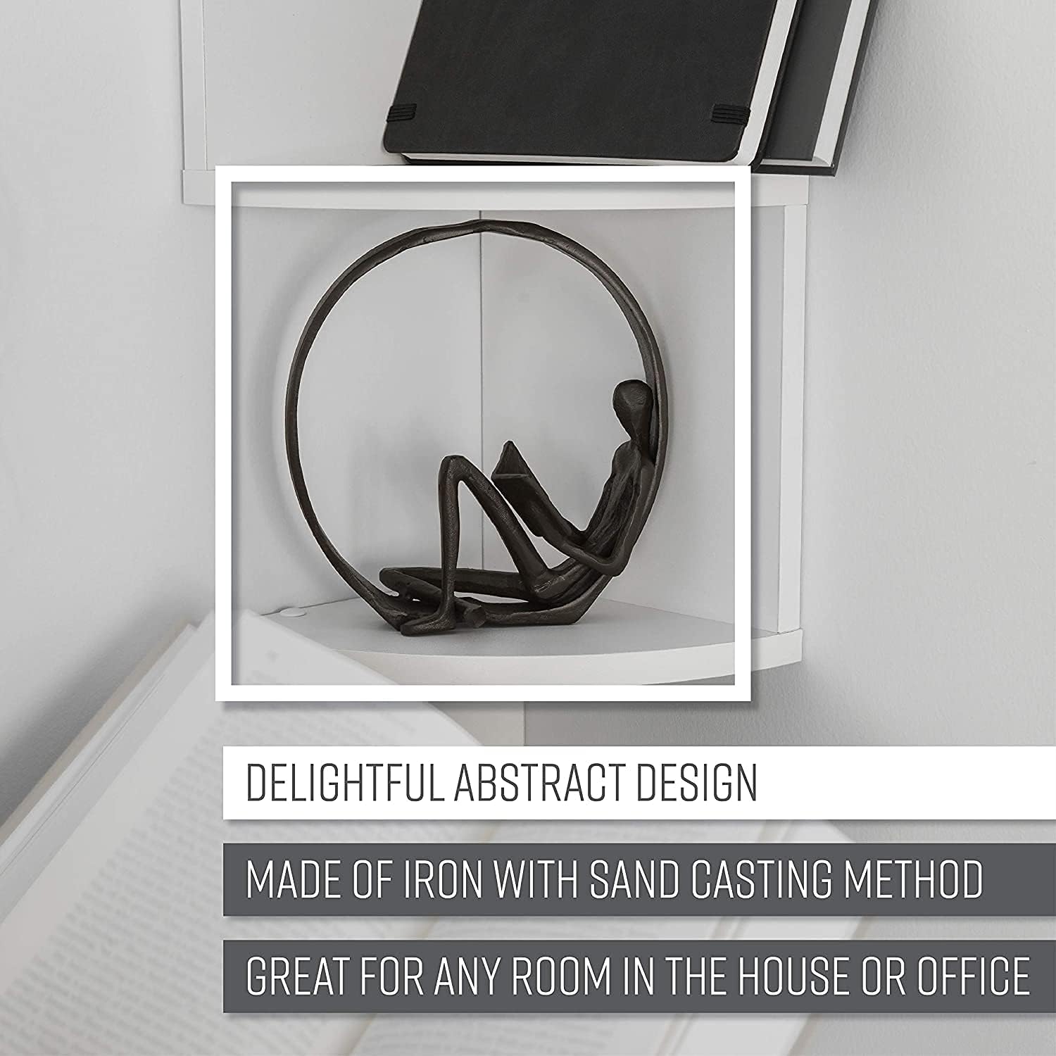Aesthetic Encircled Reader Iron Sculpture - Bookshelf Accessories Decorative Objects for Home & Office - Black Statue - Modern Abstract Figurine Shelf Decor Accents - Bookcase Decorations Items - Image 7