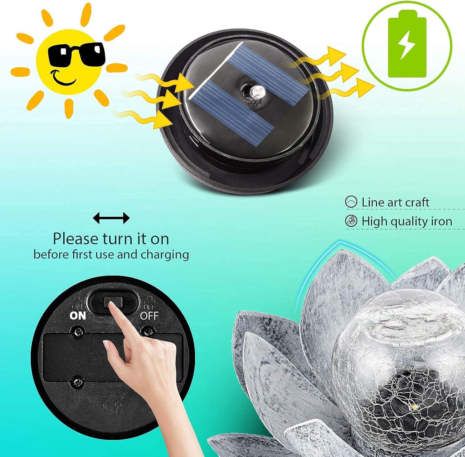 AIINY Garden Solar Light Outdoor(2Pack) ,Crackle Globe Glass Lotus Decoration , Waterproof Metal LED Flower Lights for Patio,Lawn,Walkway,Tabletop,Ground - Image 5