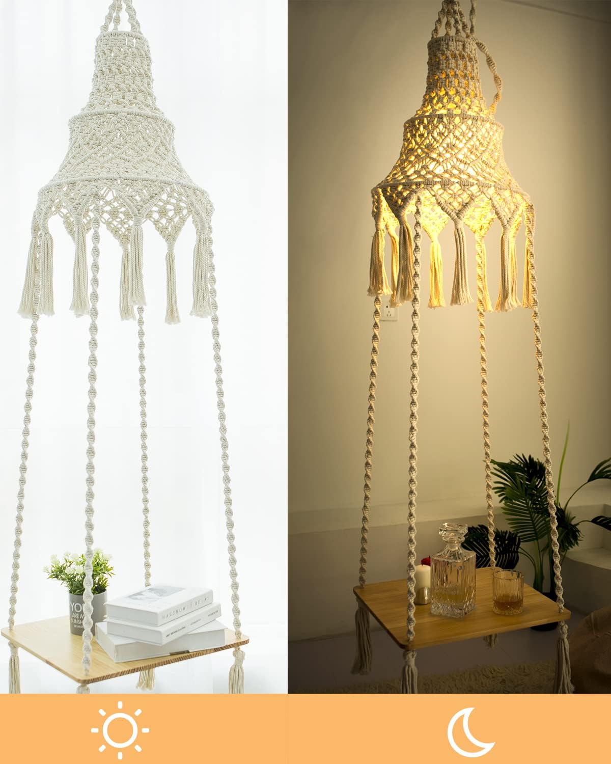 Amdermi Macrame Hanging Shelf Hanging Rope Shelf Indoor with Boho Lamp Shade Floating Square Shelves Decorative Shelf Table Holder Planter Display Rack Boho Home Decor. Ceiling Mount Rope Shelf - Image 4