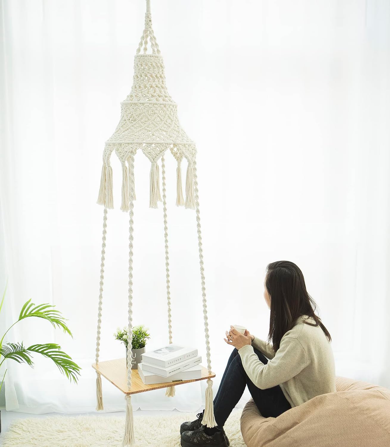 Amdermi Macrame Hanging Shelf Hanging Rope Shelf Indoor with Boho Lamp Shade Floating Square Shelves Decorative Shelf Table Holder Planter Display Rack Boho Home Decor. Ceiling Mount Rope Shelf - Image 2