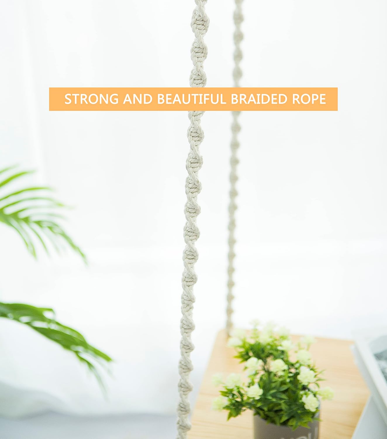Amdermi Macrame Hanging Shelf Hanging Rope Shelf Indoor with Boho Lamp Shade Floating Square Shelves Decorative Shelf Table Holder Planter Display Rack Boho Home Decor. Ceiling Mount Rope Shelf - Image 8