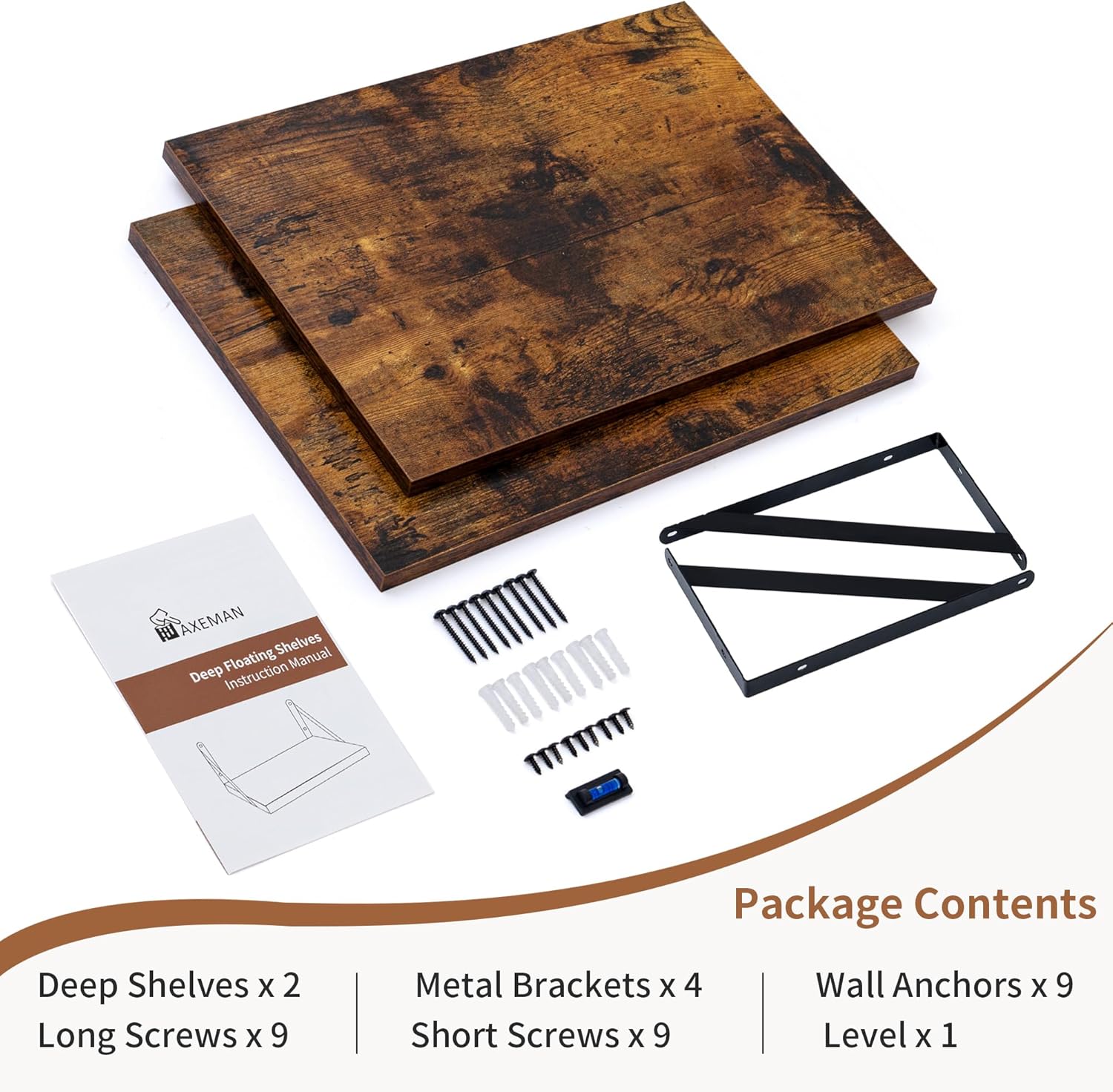 Axeman Floating Shelves 12 Inch Deep, Rustic Wood Wall Mounted Shelves Set of 2, Large Floating Shelves for Wall Decor, Hanging Shelves for Farmhouse Kitchen Bathroom Bedroom, Rustic Brown - Image 5