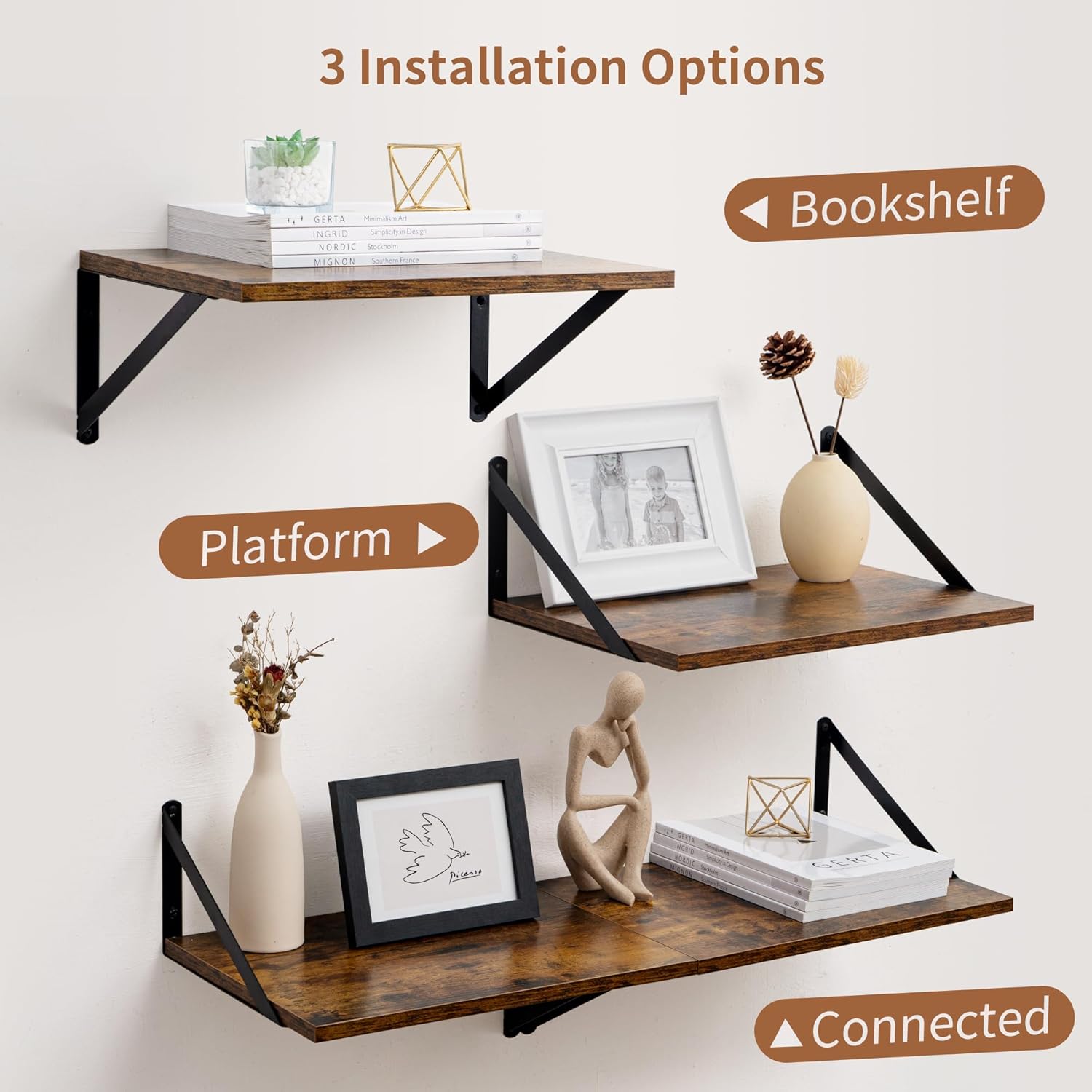 Axeman Floating Shelves 12 Inch Deep, Rustic Wood Wall Mounted Shelves Set of 2, Large Floating Shelves for Wall Decor, Hanging Shelves for Farmhouse Kitchen Bathroom Bedroom, Rustic Brown - Image 4