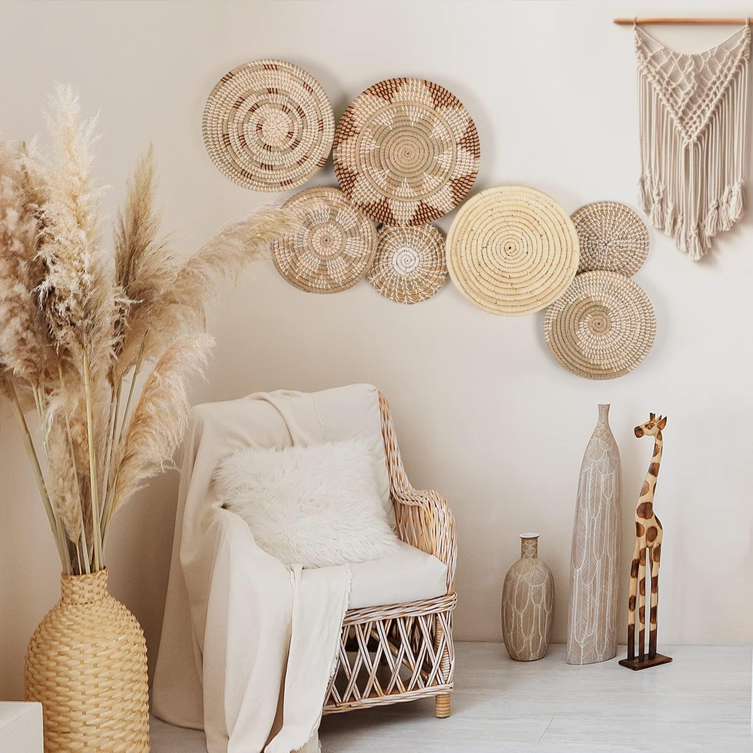 Botaniclair Boho Wall Basket Decor - Set of 7 Handcrafted Woven Hanging Art - Image 2