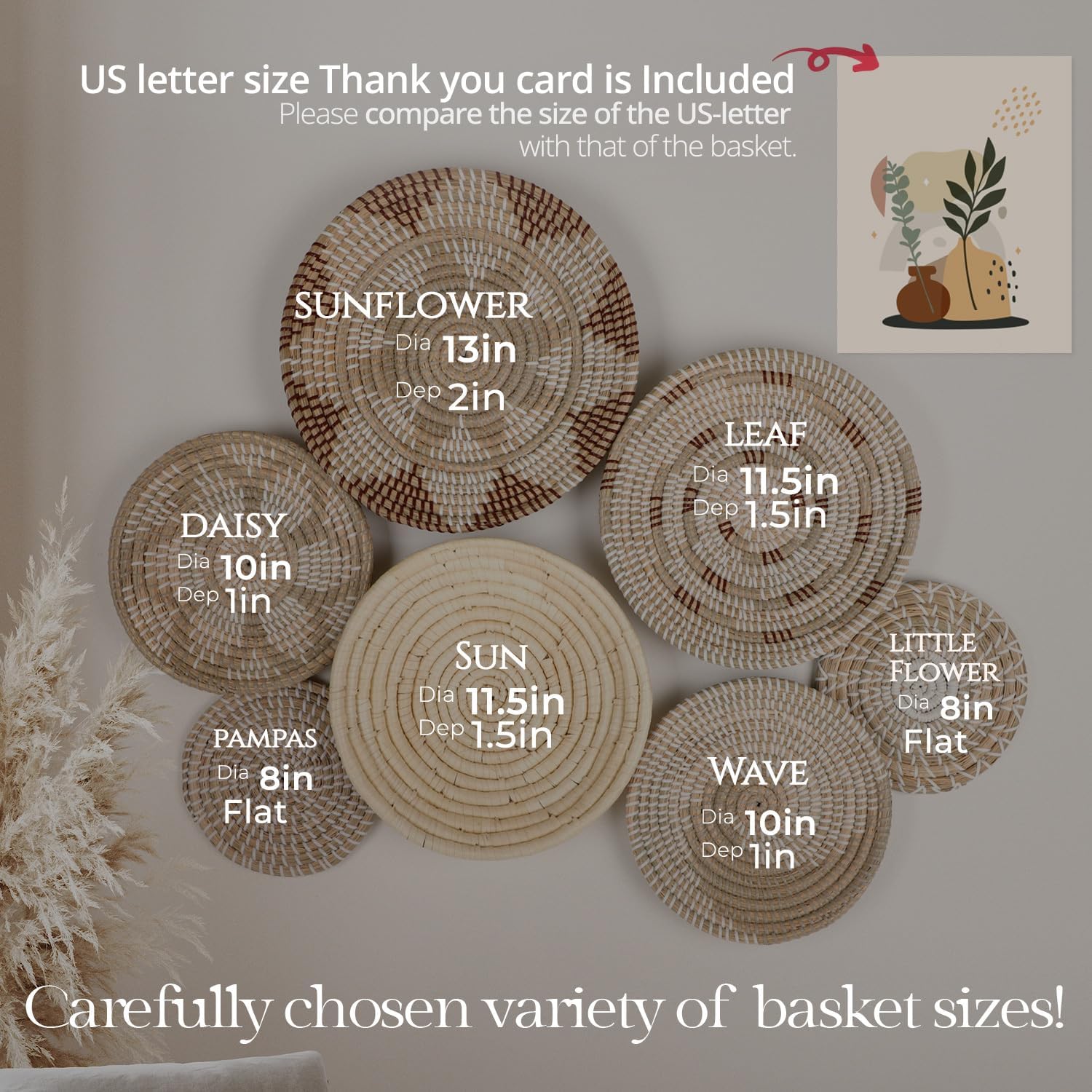Botaniclair Boho Wall Basket Decor - Set of 7 Handcrafted Woven Hanging Art - Image 6