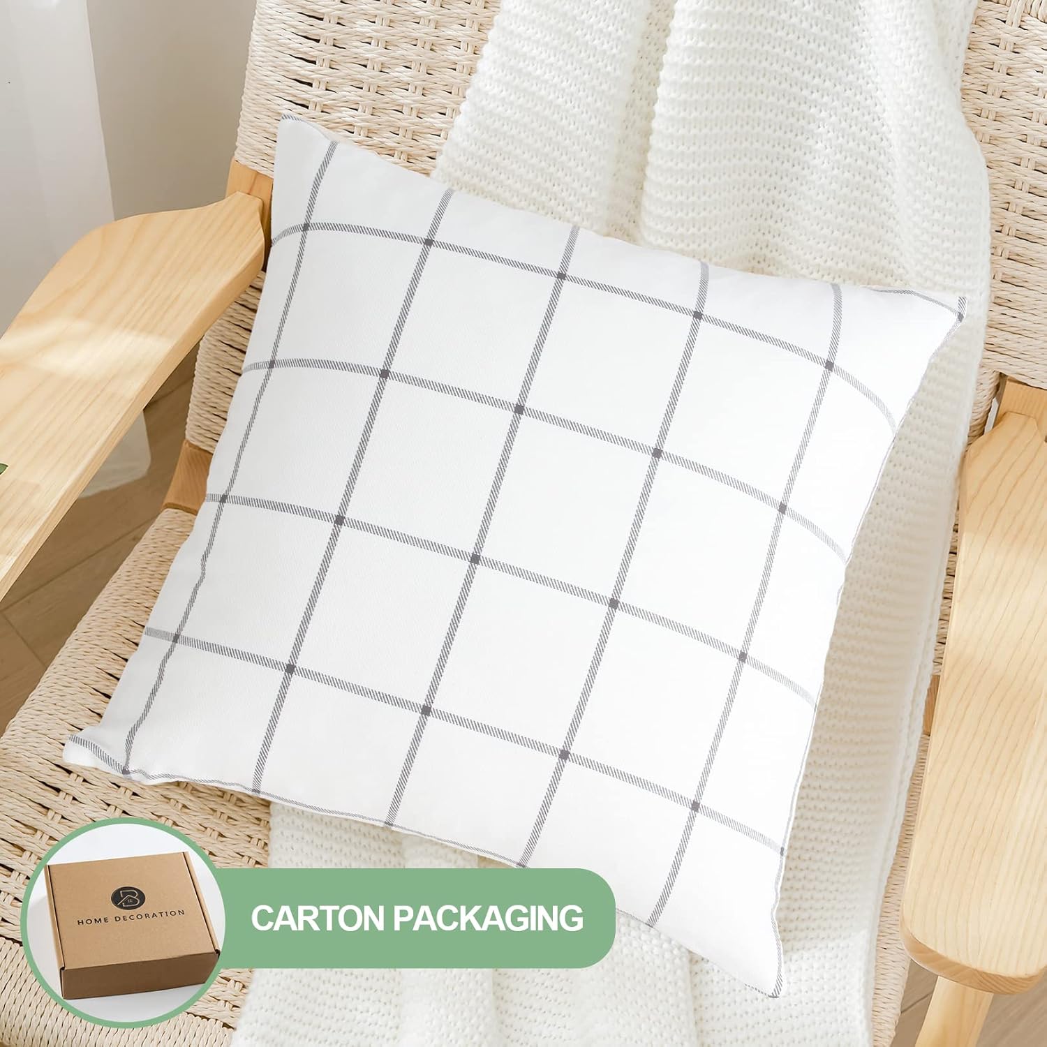 Btyrle Pure Cotton Plaid Throw Pillow Covers 20x20 Inch Set of 2 Decorative Plaid Cotton Cushion Covers for Sofa Square Farmhouse Pillowcases for Couch - Image 4