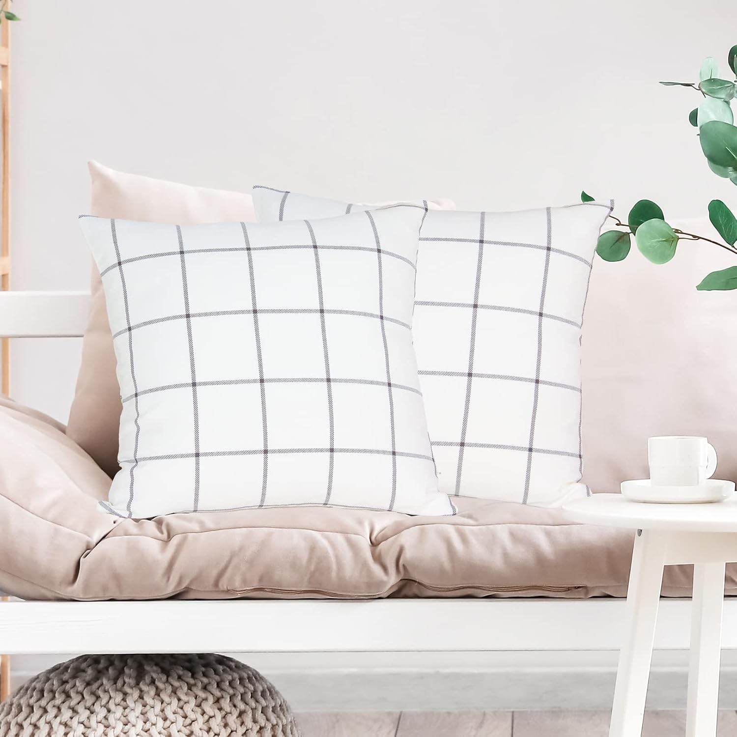 Btyrle Pure Cotton Plaid Throw Pillow Covers 20x20 Inch Set of 2 Decorative Plaid Cotton Cushion Covers for Sofa Square Farmhouse Pillowcases for Couch - Image 5