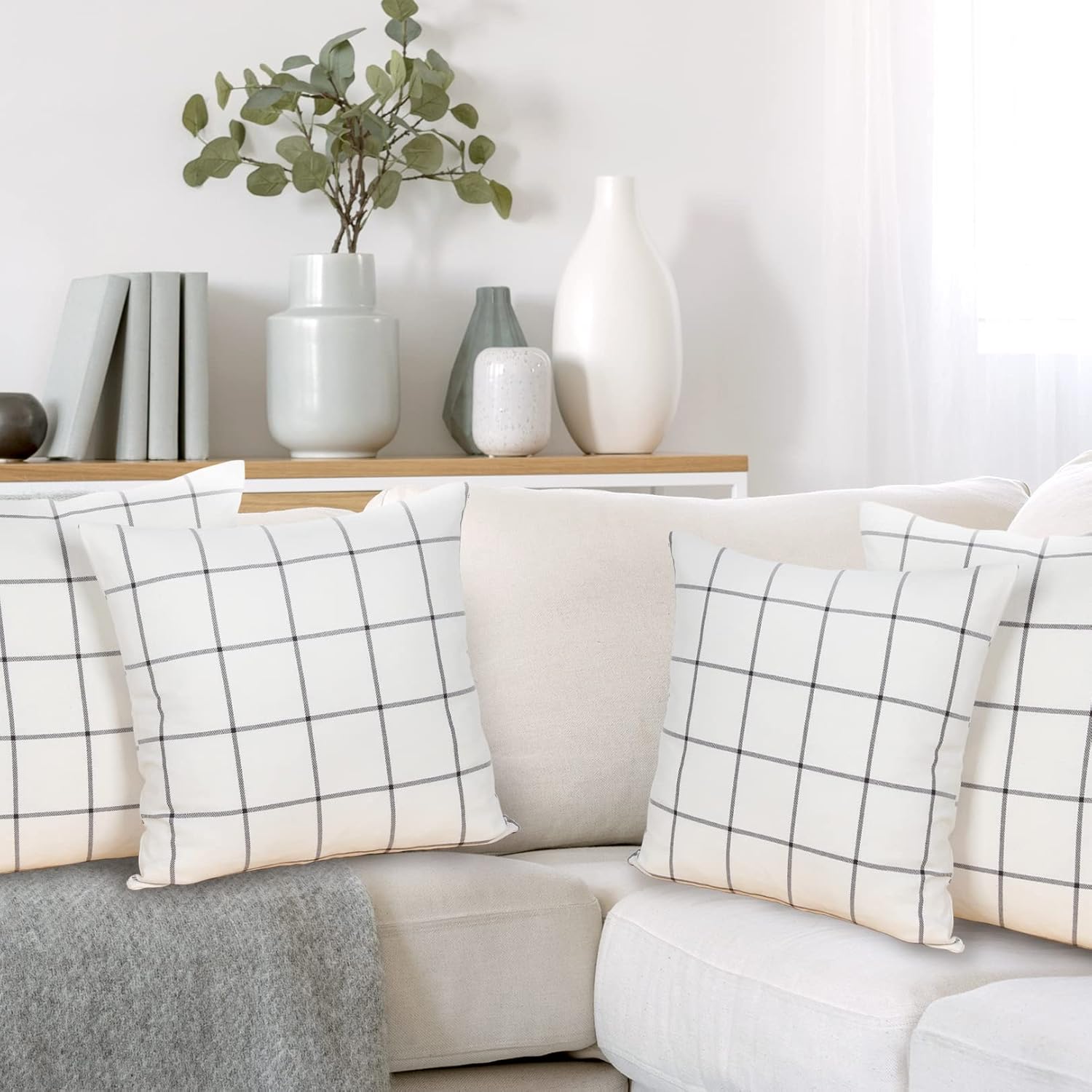 Btyrle Pure Cotton Plaid Throw Pillow Covers 20x20 Inch Set of 2 Decorative Plaid Cotton Cushion Covers for Sofa Square Farmhouse Pillowcases for Couch - Image 7