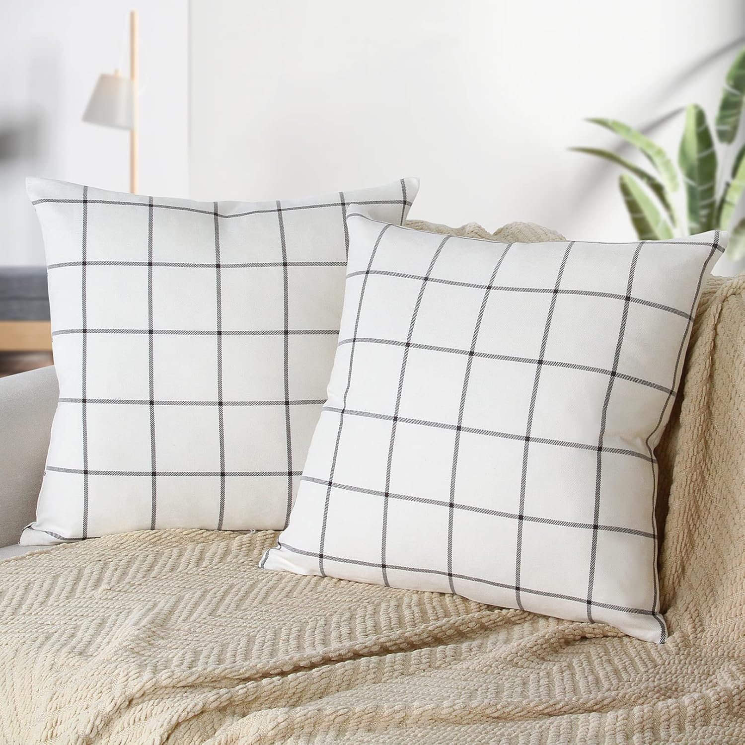 Btyrle Pure Cotton Plaid Throw Pillow Covers 20x20 Inch Set of 2 Decorative Plaid Cotton Cushion Covers for Sofa Square Farmhouse Pillowcases for Couch - Image 2