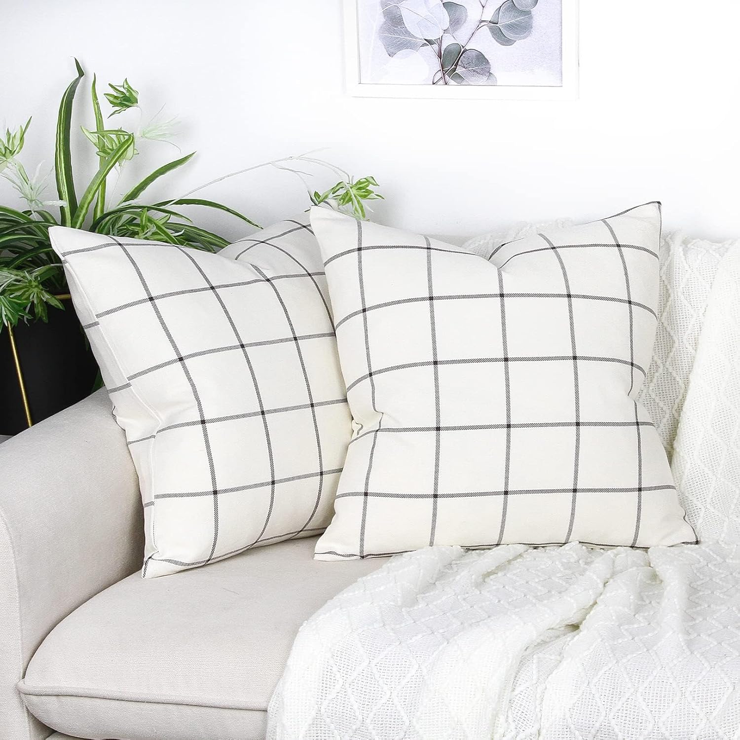 Btyrle Pure Cotton Plaid Throw Pillow Covers 20x20 Inch Set of 2 Decorative Plaid Cotton Cushion Covers for Sofa Square Farmhouse Pillowcases for Couch - Image 8