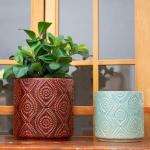 Chonsun Ceramic Planter Set of 2Pcs 7+6 Inch Plant Pots Indoor Oudoor Plante Flower Pots Plant Pots Mid-Century Planter Ceramic Brown and Green - Image 5