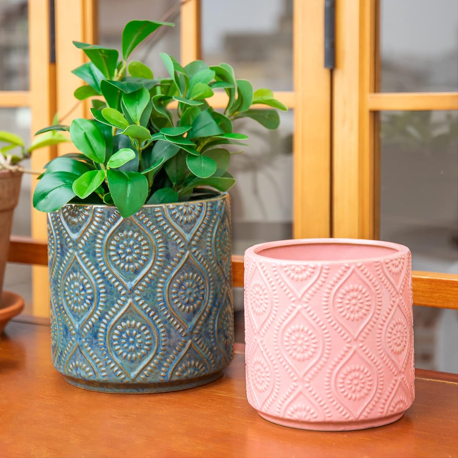 Chonsun Ceramic Planter Set of 2Pcs 7+6 Inch Plant Pots Indoor Oudoor Plante Flower Pots Plant Pots Mid-Century Planter Ceramic Brown and Green - Image 9