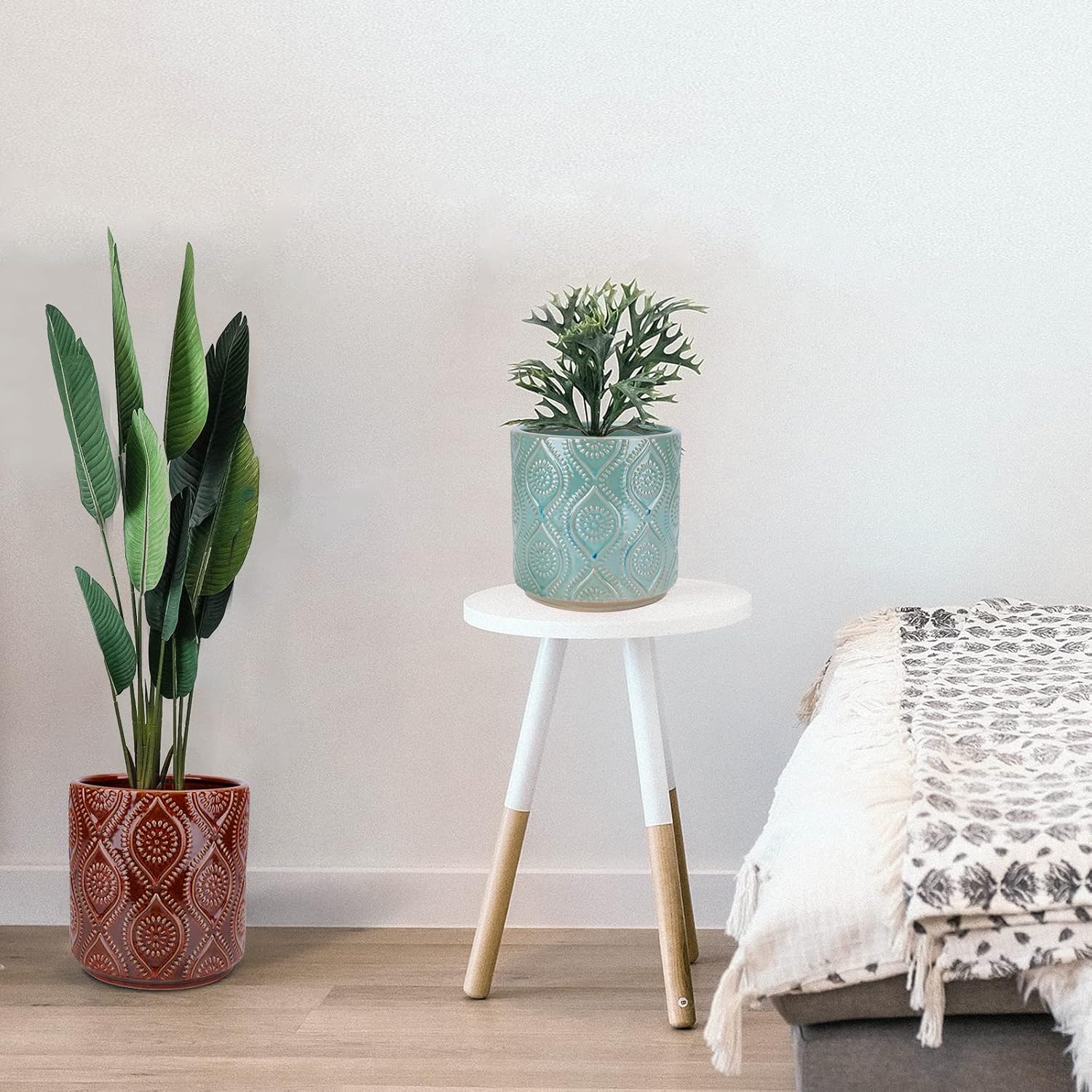 Chonsun Ceramic Planter Set of 2Pcs 7+6 Inch Plant Pots Indoor Oudoor Plante Flower Pots Plant Pots Mid-Century Planter Ceramic Brown and Green - Image 3