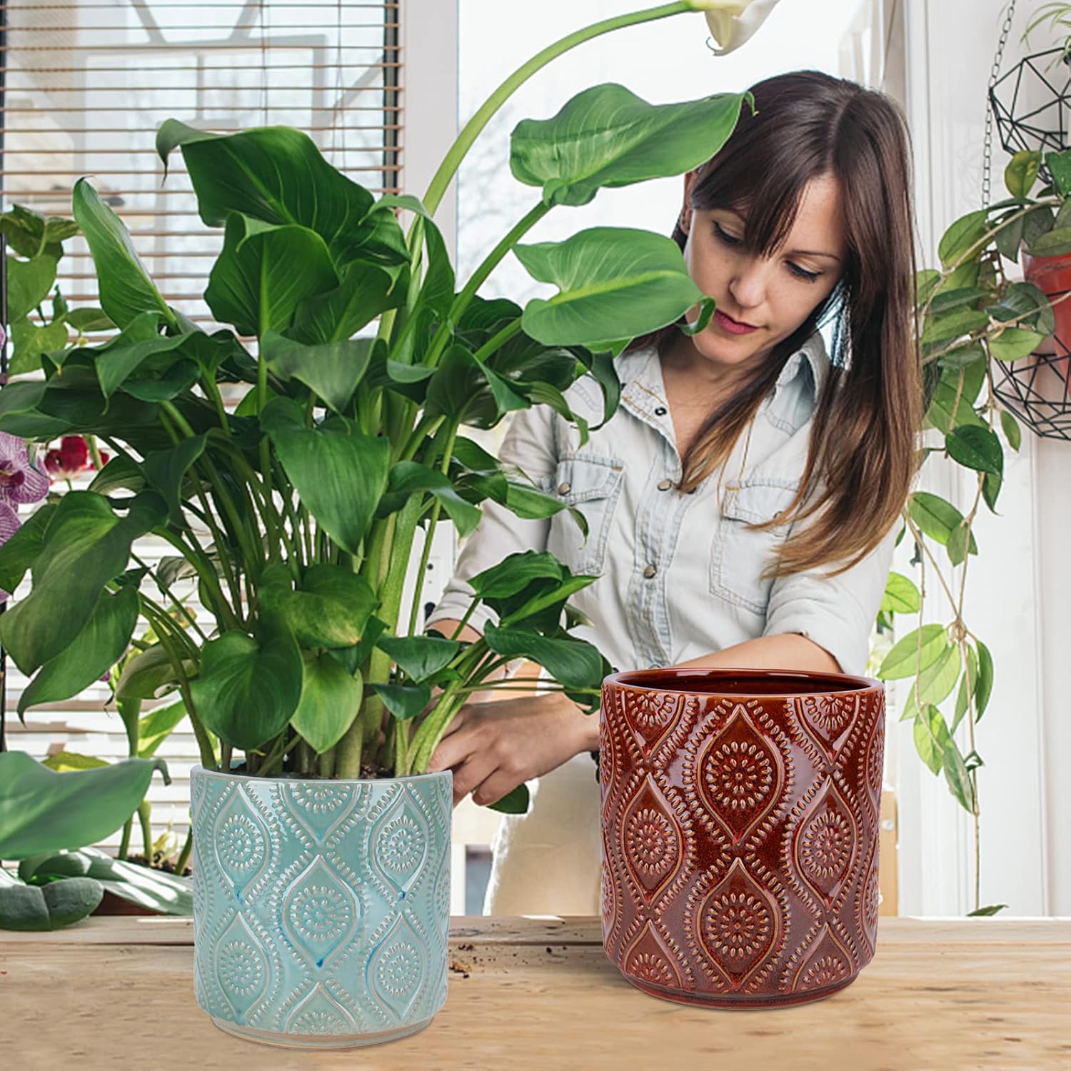 Chonsun Ceramic Planter Set of 2Pcs 7+6 Inch Plant Pots Indoor Oudoor Plante Flower Pots Plant Pots Mid-Century Planter Ceramic Brown and Green - Image 6