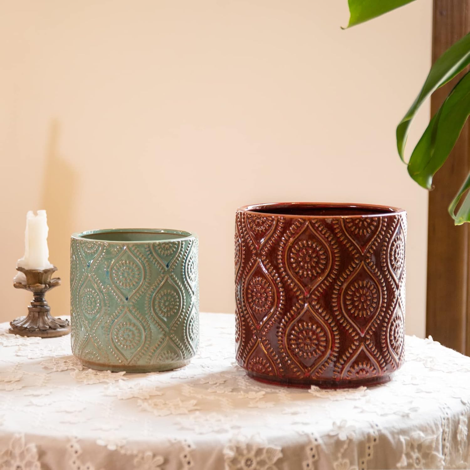 Chonsun Ceramic Planter Set of 2Pcs 7+6 Inch Plant Pots Indoor Oudoor Plante Flower Pots Plant Pots Mid-Century Planter Ceramic Brown and Green - Image 7