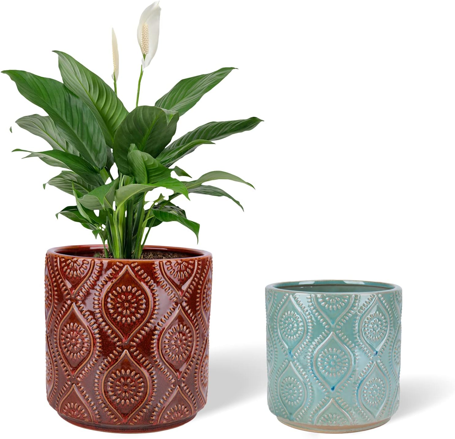 Chonsun Ceramic Planter Set of 2Pcs 7+6 Inch Plant Pots Indoor Oudoor Plante Flower Pots Plant Pots Mid-Century Planter Ceramic Brown and Green - Image 2