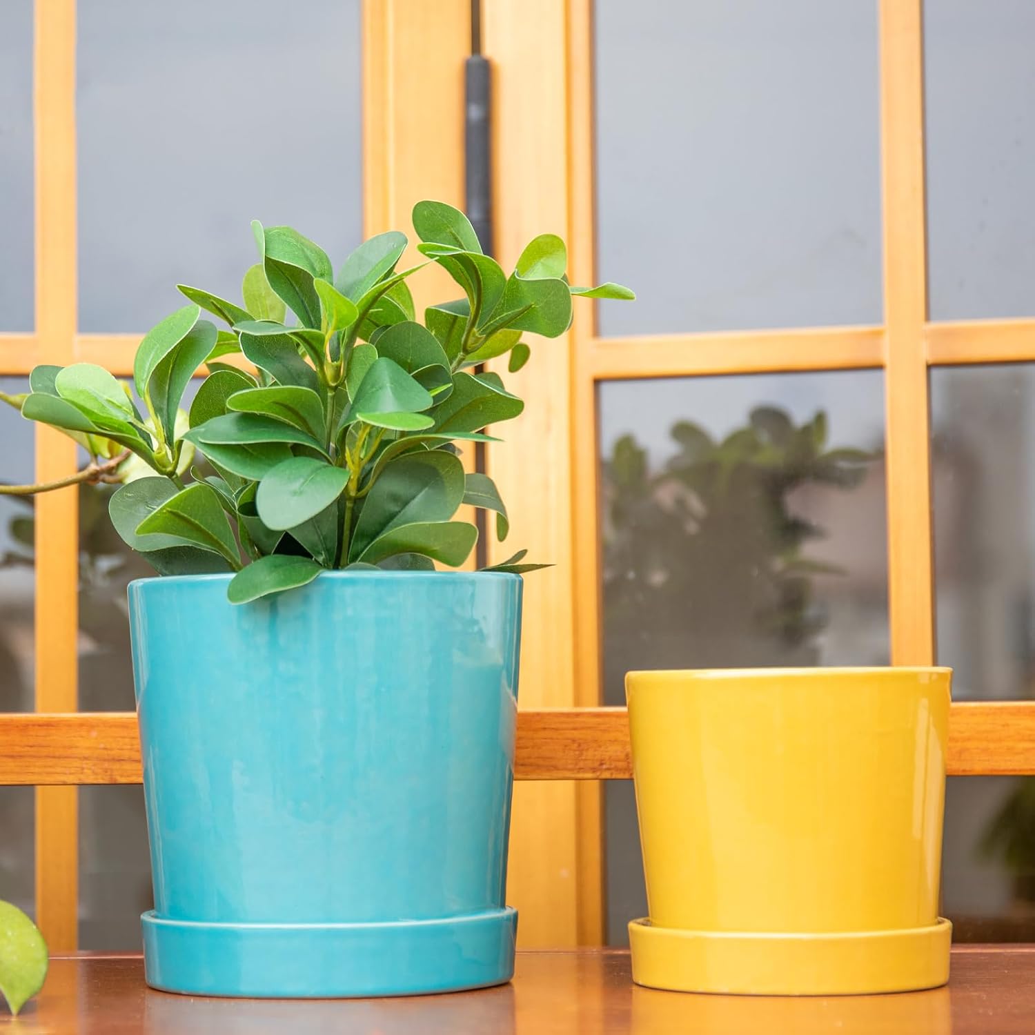 Chonsun Ceramic Planter Set of 2Pcs 7+6 Inch Plant Pots Indoor Oudoor Plante Flower Pots Plant Pots Mid-Century Planter Ceramic Brown and Green - Image 11