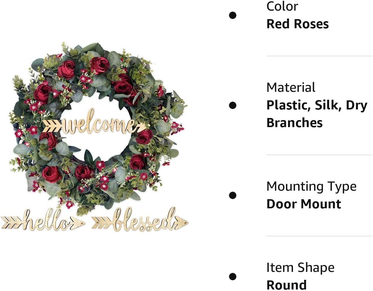 Christmas Eucalyptus Wreath with Red Roses and 3 Signs - 20 inch Winter Wreaths for Front Door, Large Outdoor Christmas Wreaths for Windows, Winter Holiday Wreaths, Farmhouse Wreath Christmas Decor - Image 9