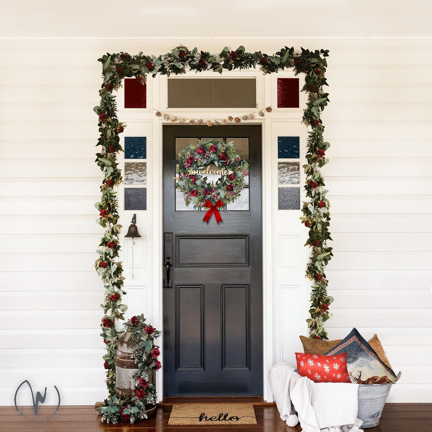Christmas Eucalyptus Wreath with Red Roses and 3 Signs - 20 inch Winter Wreaths for Front Door, Large Outdoor Christmas Wreaths for Windows, Winter Holiday Wreaths, Farmhouse Wreath Christmas Decor - Image 6