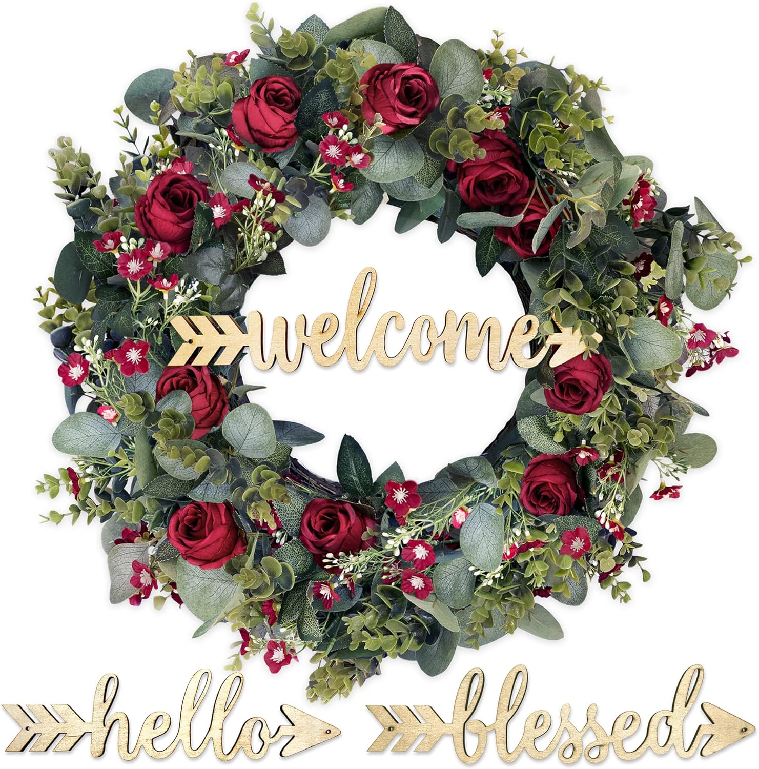 Christmas Eucalyptus Wreath with Red Roses and 3 Signs - 20 inch Winter Wreaths for Front Door, Large Outdoor Christmas Wreaths for Windows, Winter Holiday Wreaths, Farmhouse Wreath Christmas Decor