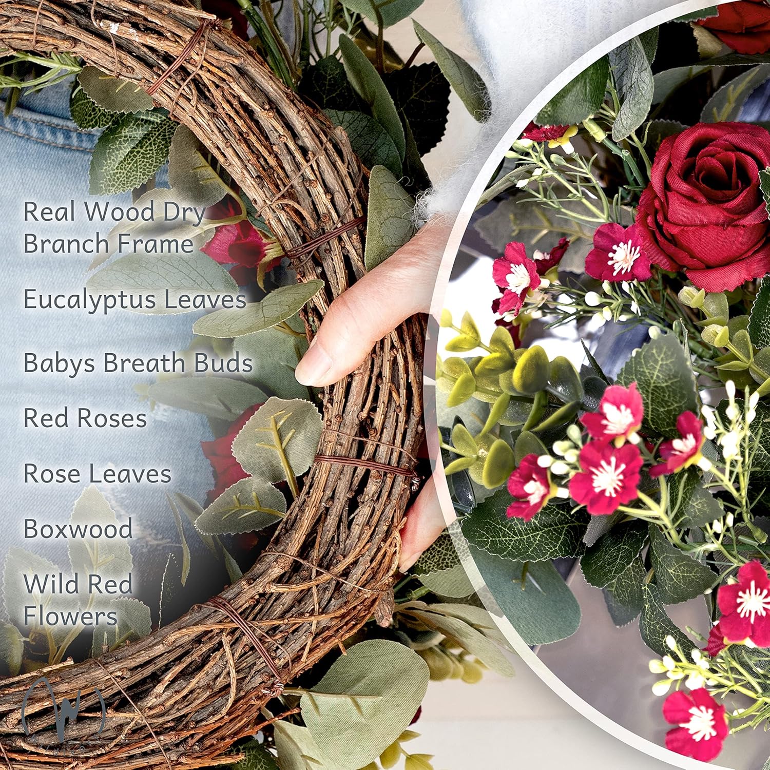 Christmas Eucalyptus Wreath with Red Roses and 3 Signs - 20 inch Winter Wreaths for Front Door, Large Outdoor Christmas Wreaths for Windows, Winter Holiday Wreaths, Farmhouse Wreath Christmas Decor - Image 5