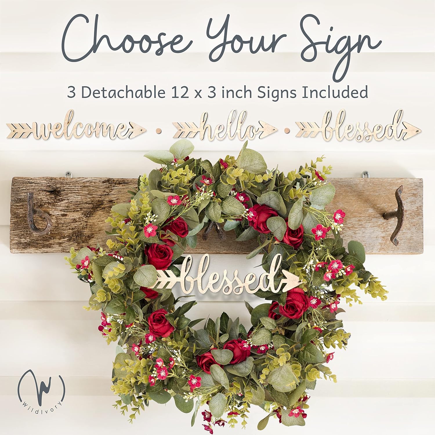 Christmas Eucalyptus Wreath with Red Roses and 3 Signs - 20 inch Winter Wreaths for Front Door, Large Outdoor Christmas Wreaths for Windows, Winter Holiday Wreaths, Farmhouse Wreath Christmas Decor - Image 3