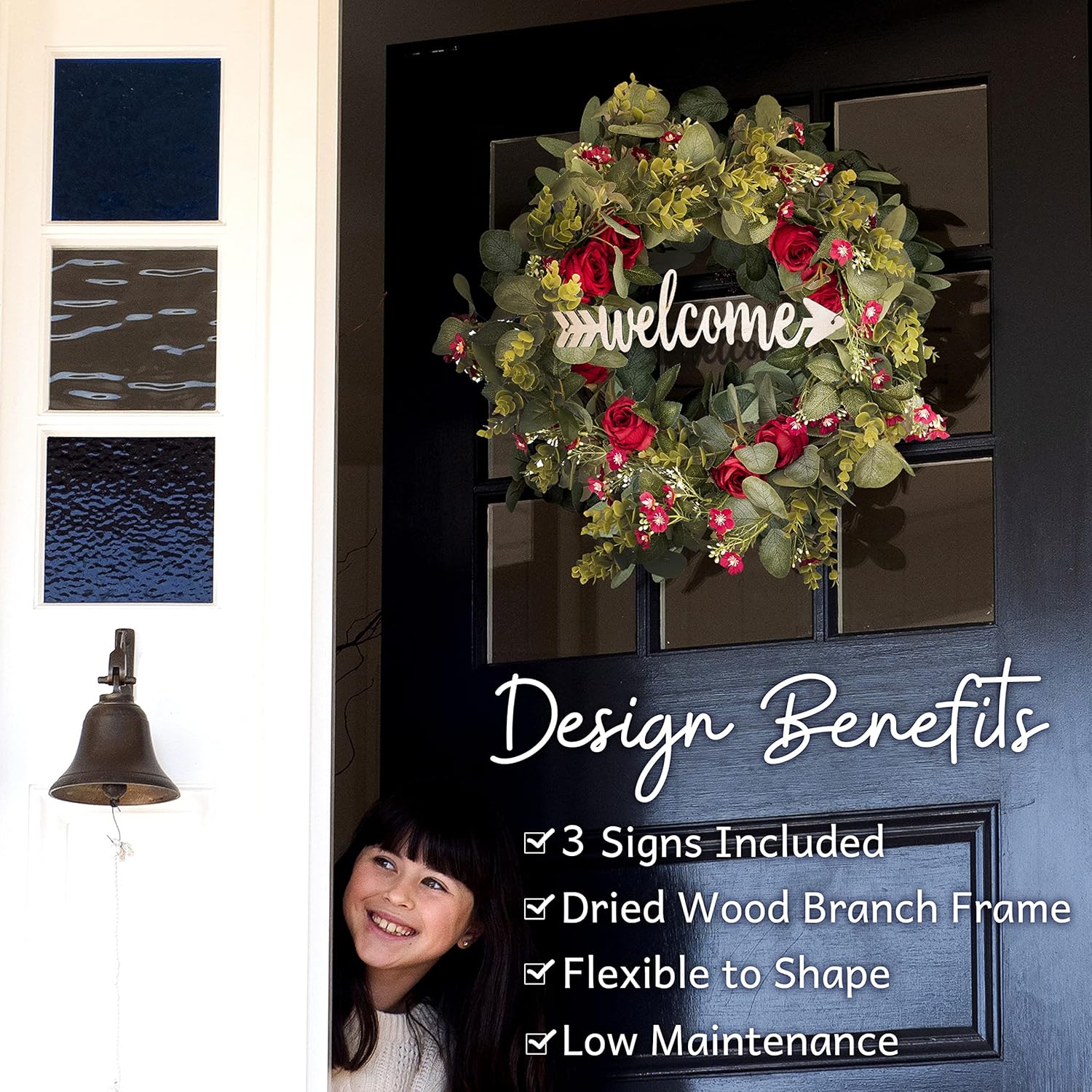 Christmas Eucalyptus Wreath with Red Roses and 3 Signs - 20 inch Winter Wreaths for Front Door, Large Outdoor Christmas Wreaths for Windows, Winter Holiday Wreaths, Farmhouse Wreath Christmas Decor - Image 2