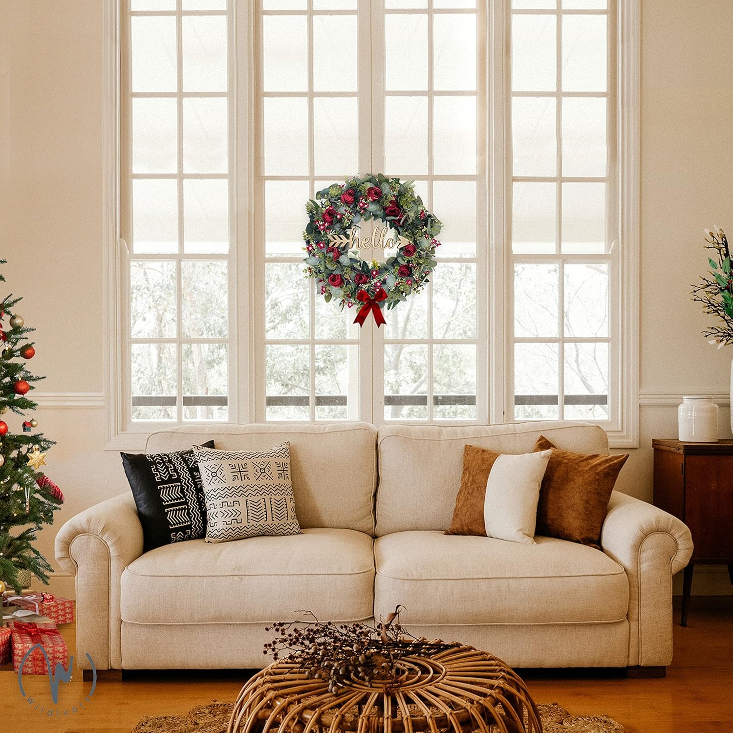 Christmas Eucalyptus Wreath with Red Roses and 3 Signs - 20 inch Winter Wreaths for Front Door, Large Outdoor Christmas Wreaths for Windows, Winter Holiday Wreaths, Farmhouse Wreath Christmas Decor - Image 7