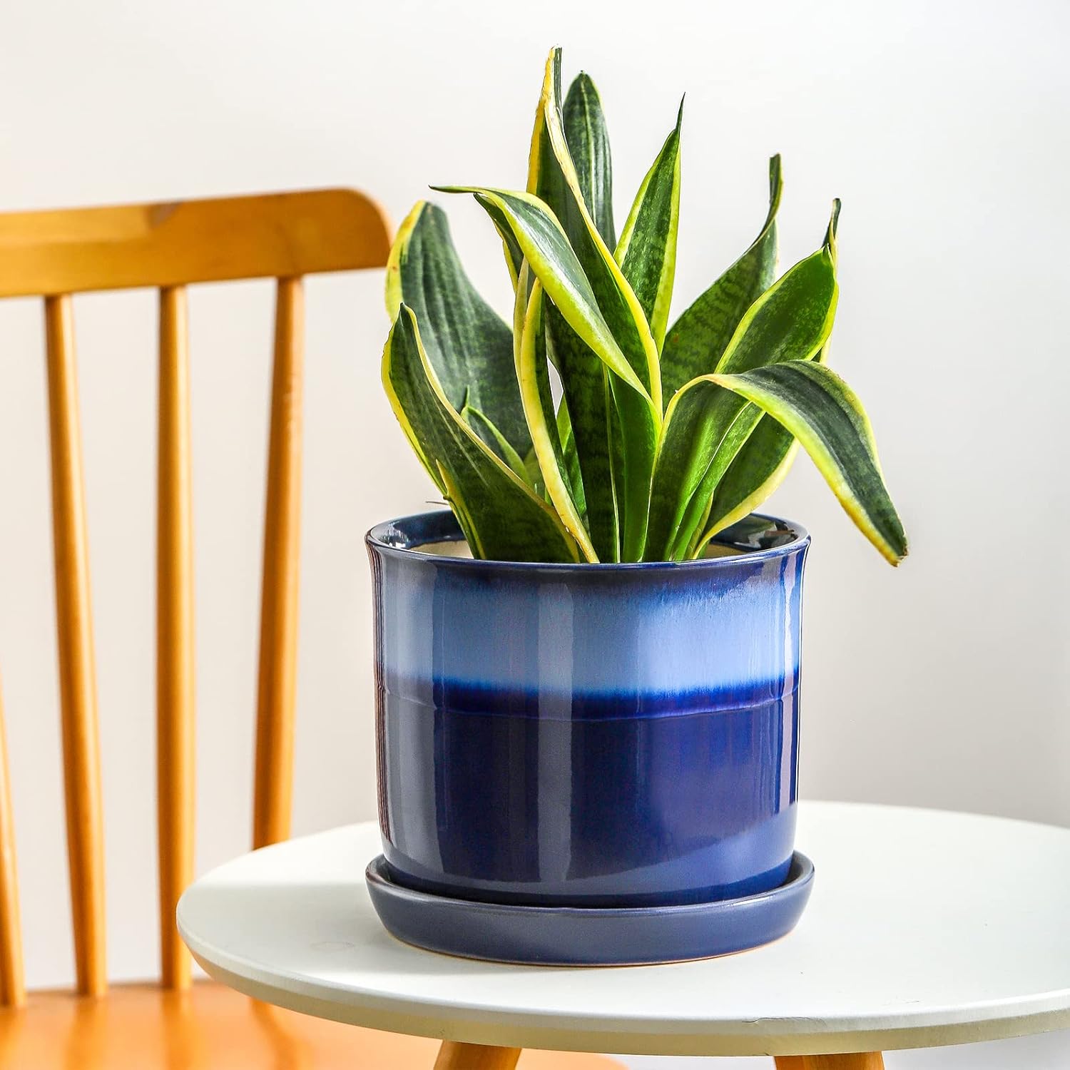 Chubacoo 8 Inch Plant Pots : Ceramic Planter Pot with Drainage Hole & Saucer - Blue Flower Pot for Indoor & Outdoor Plants - Round Decorative Flowerpot with Tray for Garden\/Home - Image 3