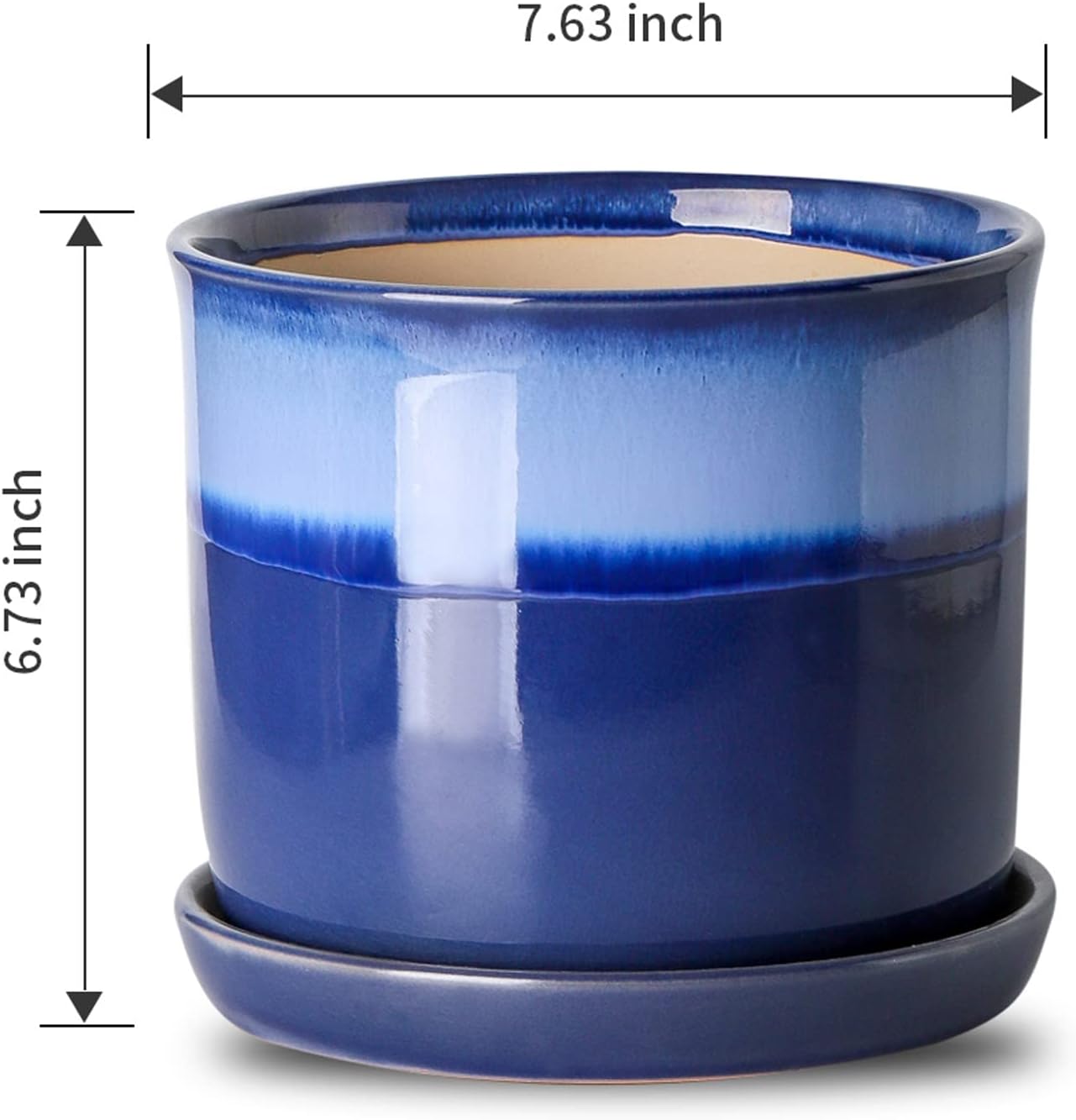 Chubacoo 8 Inch Plant Pots : Ceramic Planter Pot with Drainage Hole & Saucer - Blue Flower Pot for Indoor & Outdoor Plants - Round Decorative Flowerpot with Tray for Garden\/Home - Image 2