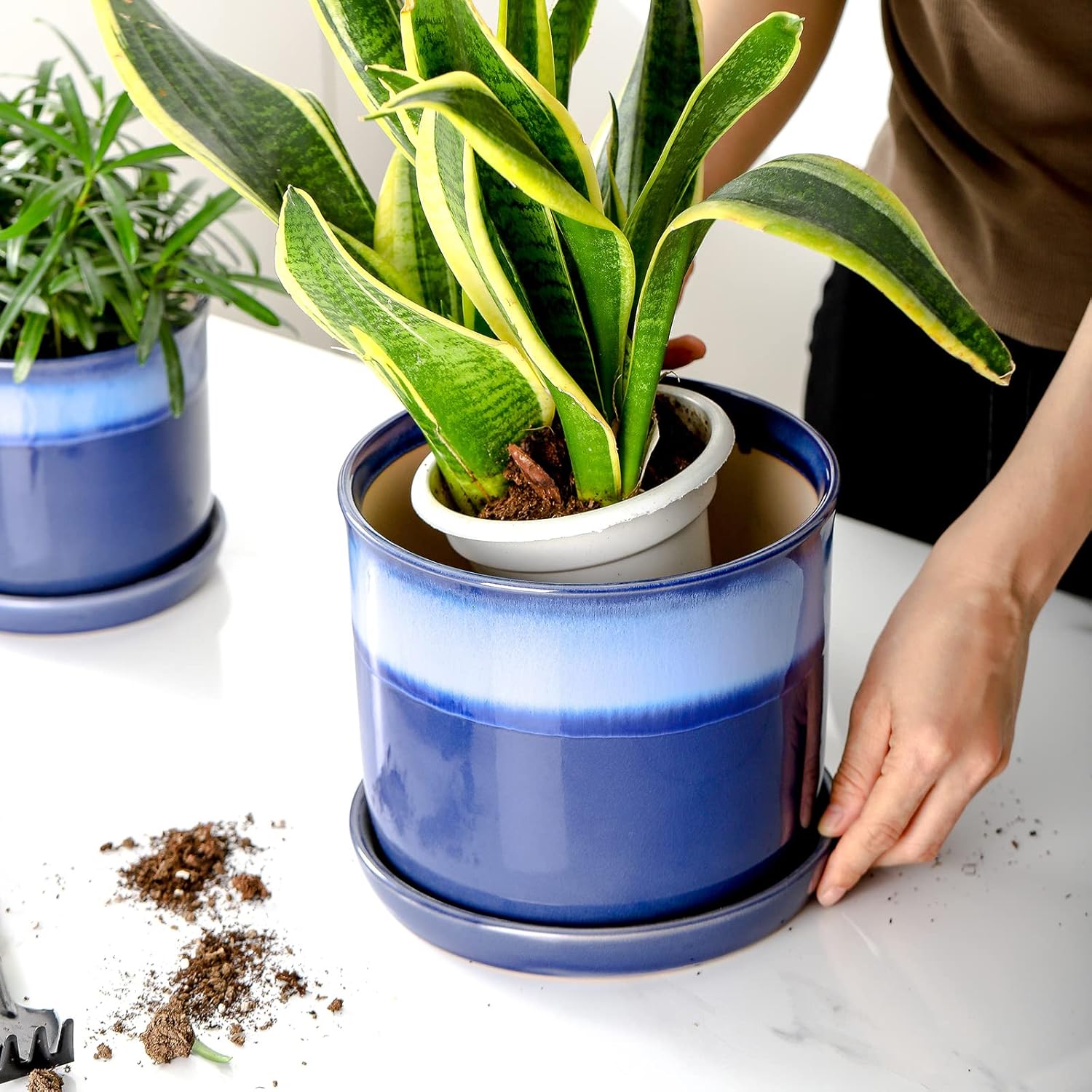 Chubacoo 8 Inch Plant Pots : Ceramic Planter Pot with Drainage Hole & Saucer - Blue Flower Pot for Indoor & Outdoor Plants - Round Decorative Flowerpot with Tray for Garden\/Home - Image 6