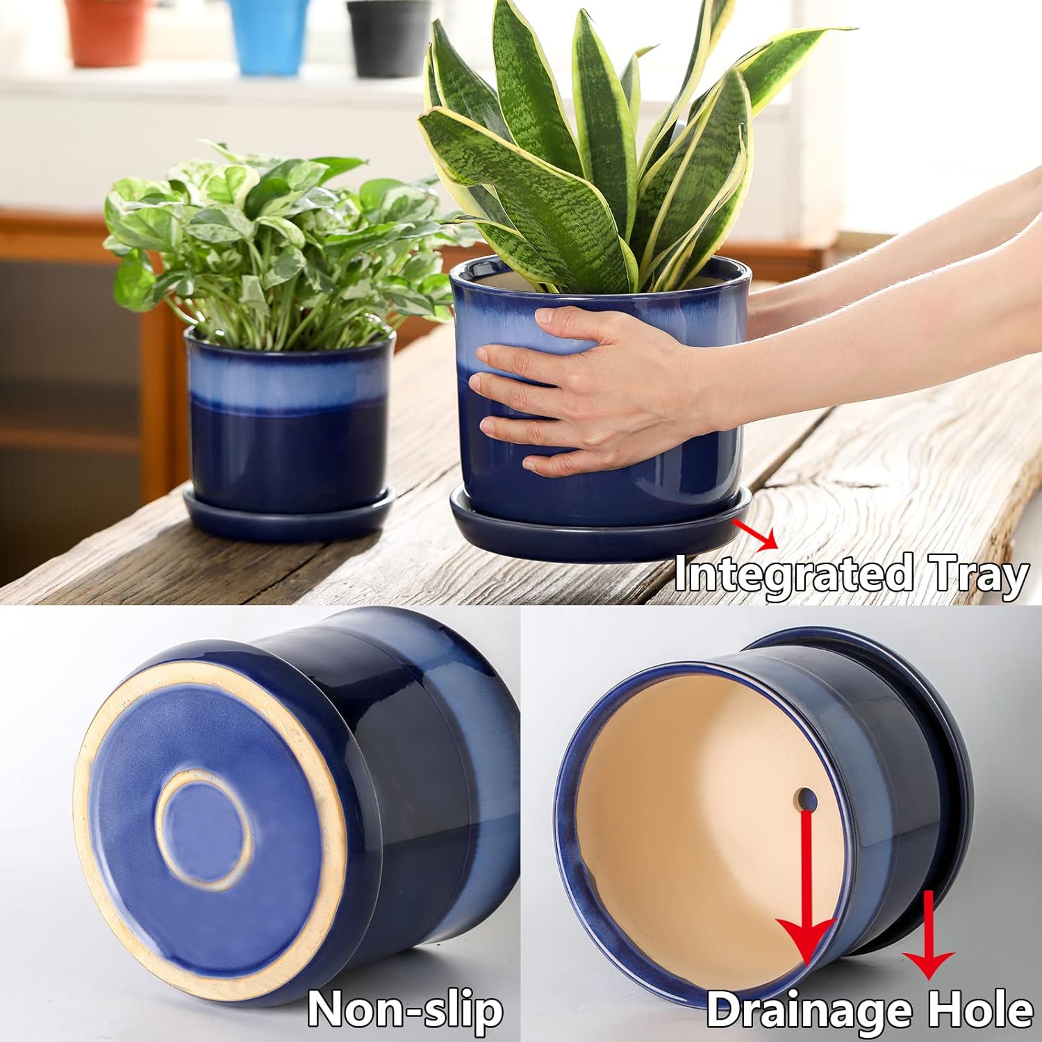 Chubacoo 8 Inch Plant Pots : Ceramic Planter Pot with Drainage Hole & Saucer - Blue Flower Pot for Indoor & Outdoor Plants - Round Decorative Flowerpot with Tray for Garden\/Home - Image 4