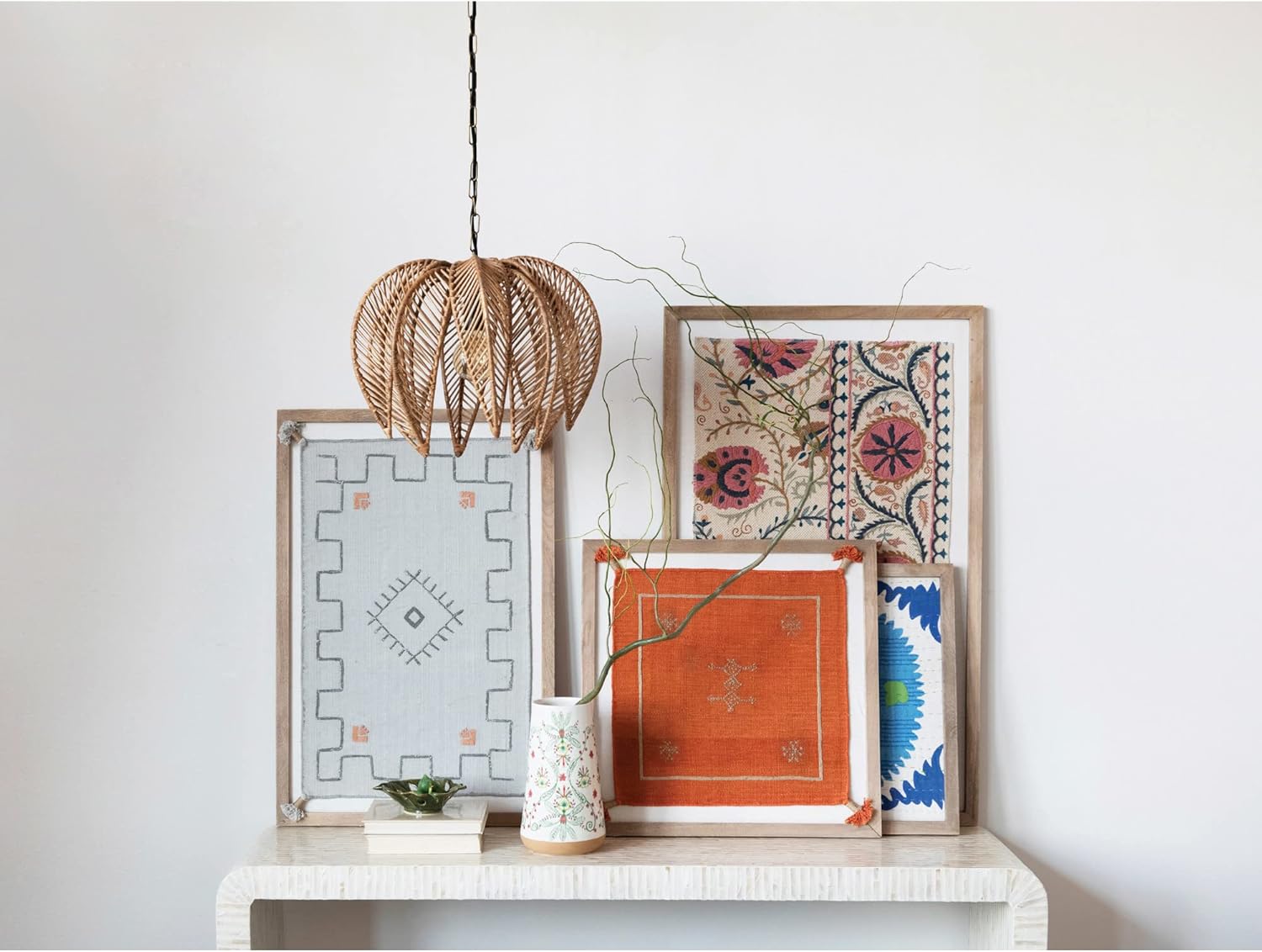 Creative Co-Op Mango Wood and MDF Framed Cotton and Jute Textile with Embroidery and Tassels Wall Art and Décor, 23" L x 23" W x 1" H, Multicolor - Image 2