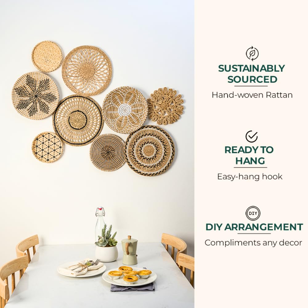Decocoon Set of 9 Woven Bowl Wall Decor, Wall Hanging Wicker Baskets, Boho Baskets, Wall Baskets Set, Boho Basket Wall Decor Set, Woven Basket for Wall, Accessories Decor (Rustic Garden Wall Decor) - Image 5