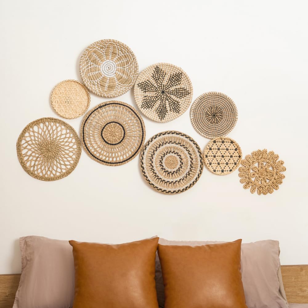 Decocoon Set of 9 Woven Bowl Wall Decor, Wall Hanging Wicker Baskets, Boho Baskets, Wall Baskets Set, Boho Basket Wall Decor Set, Woven Basket for Wall, Accessories Decor (Rustic Garden Wall Decor) - Image 3