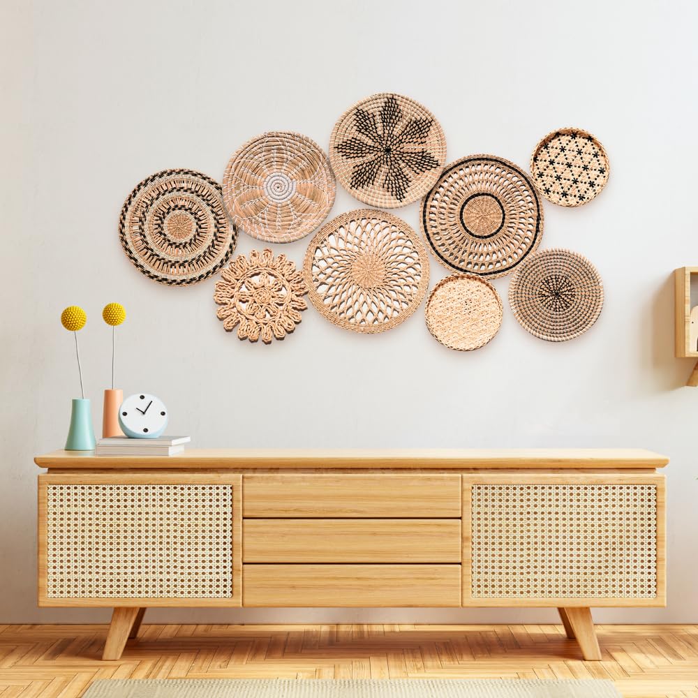 Decocoon Set of 9 Woven Bowl Wall Decor, Wall Hanging Wicker Baskets, Boho Baskets, Wall Baskets Set, Boho Basket Wall Decor Set, Woven Basket for Wall, Accessories Decor (Rustic Garden Wall Decor) - Image 4