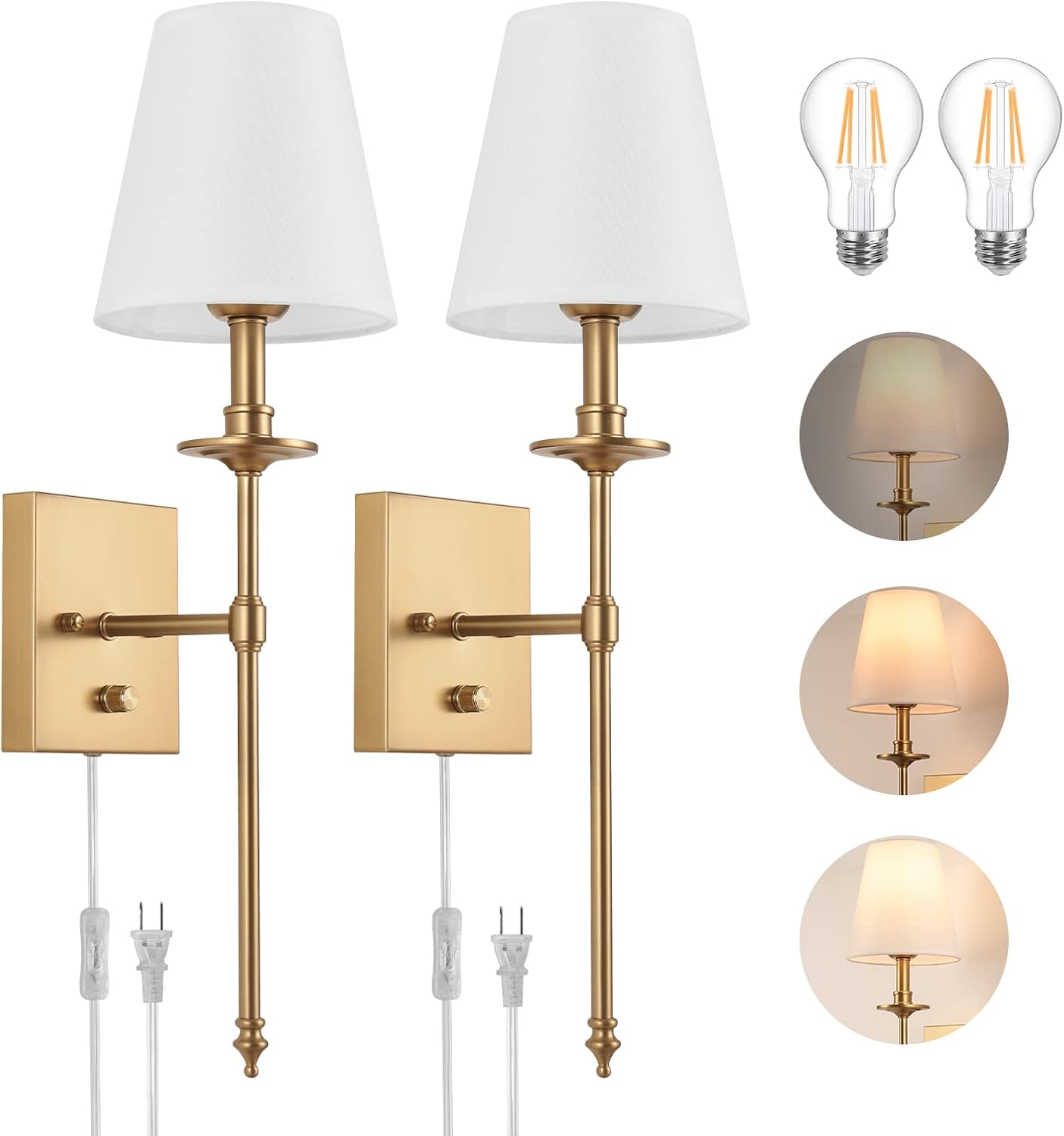 Dimmable Wall Sconces Set of Two, ENCOMLI Plug in Wall Sconces White Fabric Shade, Wall Lamp with 6FT Plug in Cord, Plug in Wall Light Bathroom Vanity Light Fixture, LED Bulbs Included, Antique Brass