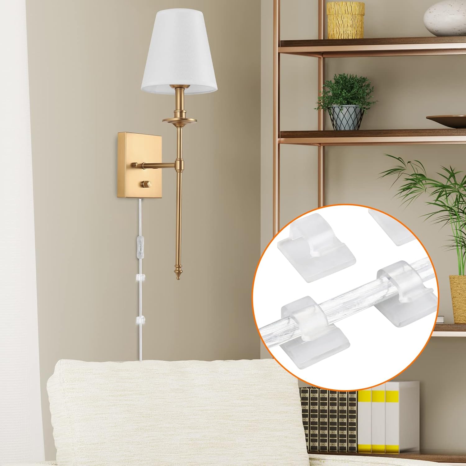 Dimmable Wall Sconces Set of Two, ENCOMLI Plug in Wall Sconces White Fabric Shade, Wall Lamp with 6FT Plug in Cord, Plug in Wall Light Bathroom Vanity Light Fixture, LED Bulbs Included, Antique Brass - Image 8