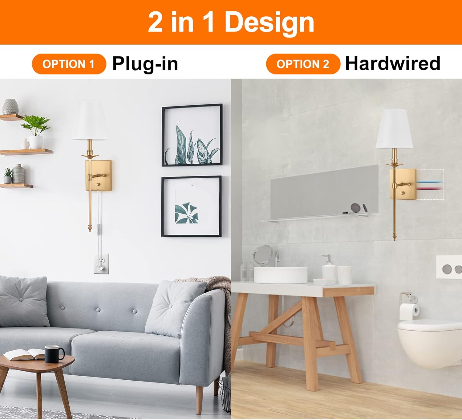 Dimmable Wall Sconces Set of Two, ENCOMLI Plug in Wall Sconces White Fabric Shade, Wall Lamp with 6FT Plug in Cord, Plug in Wall Light Bathroom Vanity Light Fixture, LED Bulbs Included, Antique Brass - Image 5