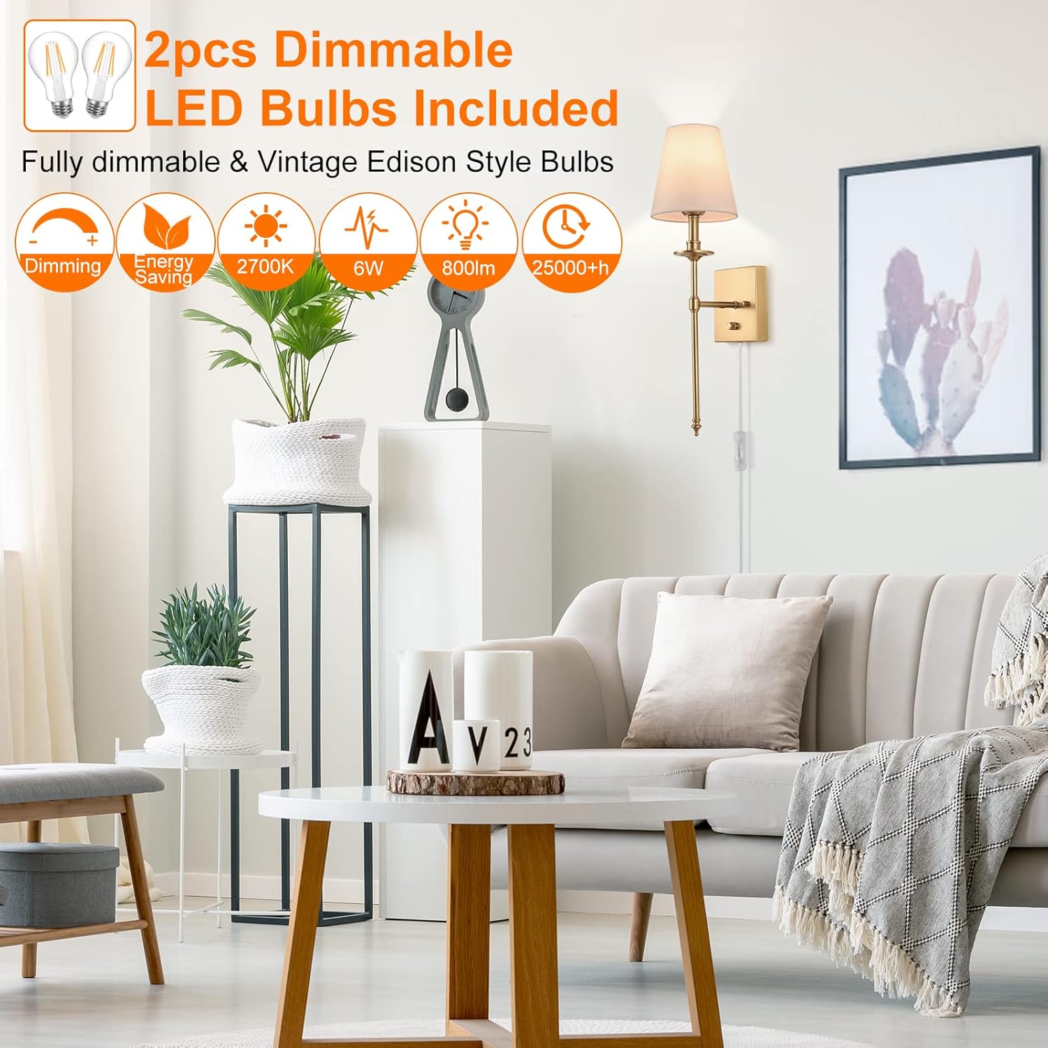 Dimmable Wall Sconces Set of Two, ENCOMLI Plug in Wall Sconces White Fabric Shade, Wall Lamp with 6FT Plug in Cord, Plug in Wall Light Bathroom Vanity Light Fixture, LED Bulbs Included, Antique Brass - Image 4