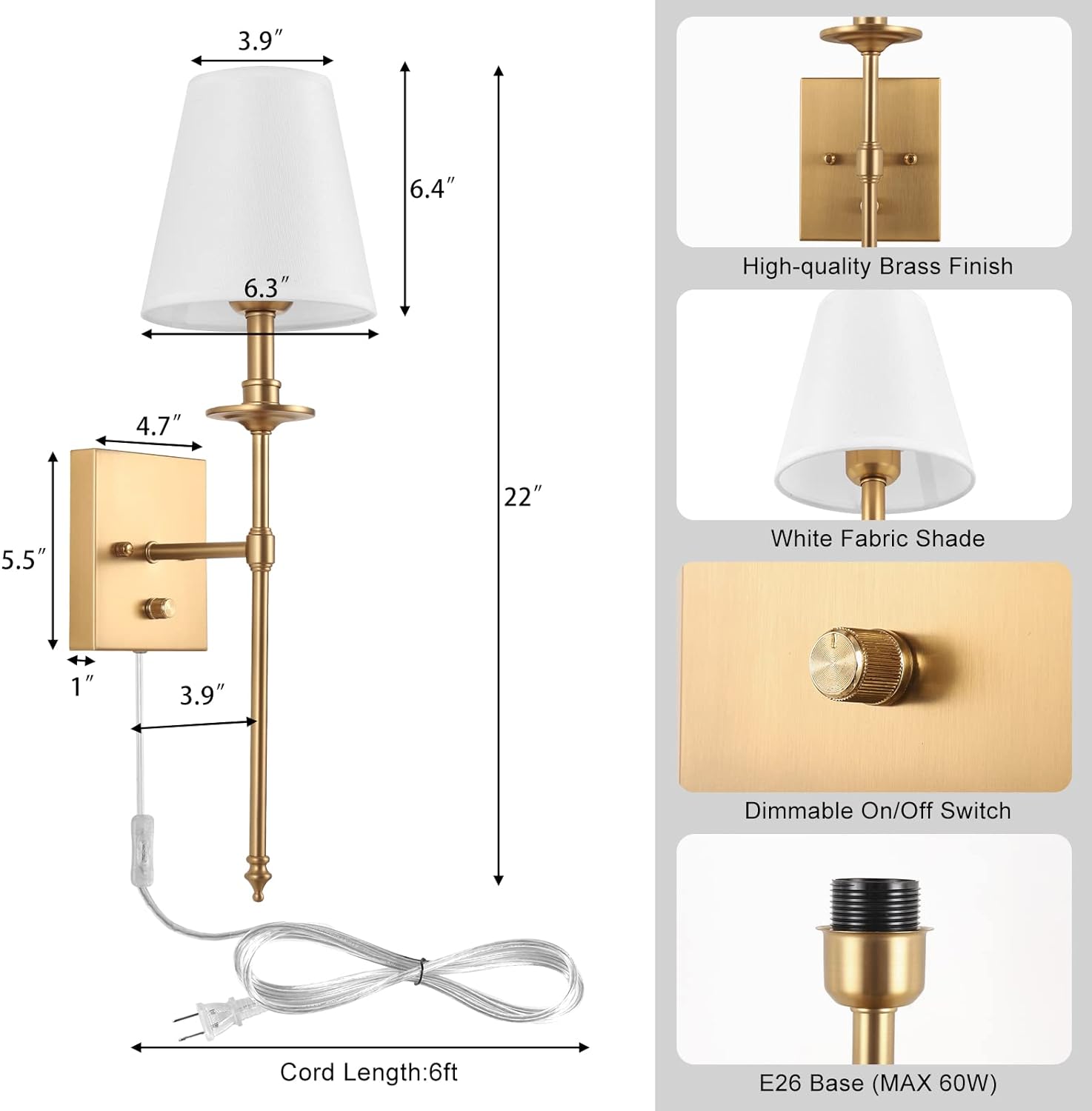 Dimmable Wall Sconces Set of Two, ENCOMLI Plug in Wall Sconces White Fabric Shade, Wall Lamp with 6FT Plug in Cord, Plug in Wall Light Bathroom Vanity Light Fixture, LED Bulbs Included, Antique Brass - Image 6