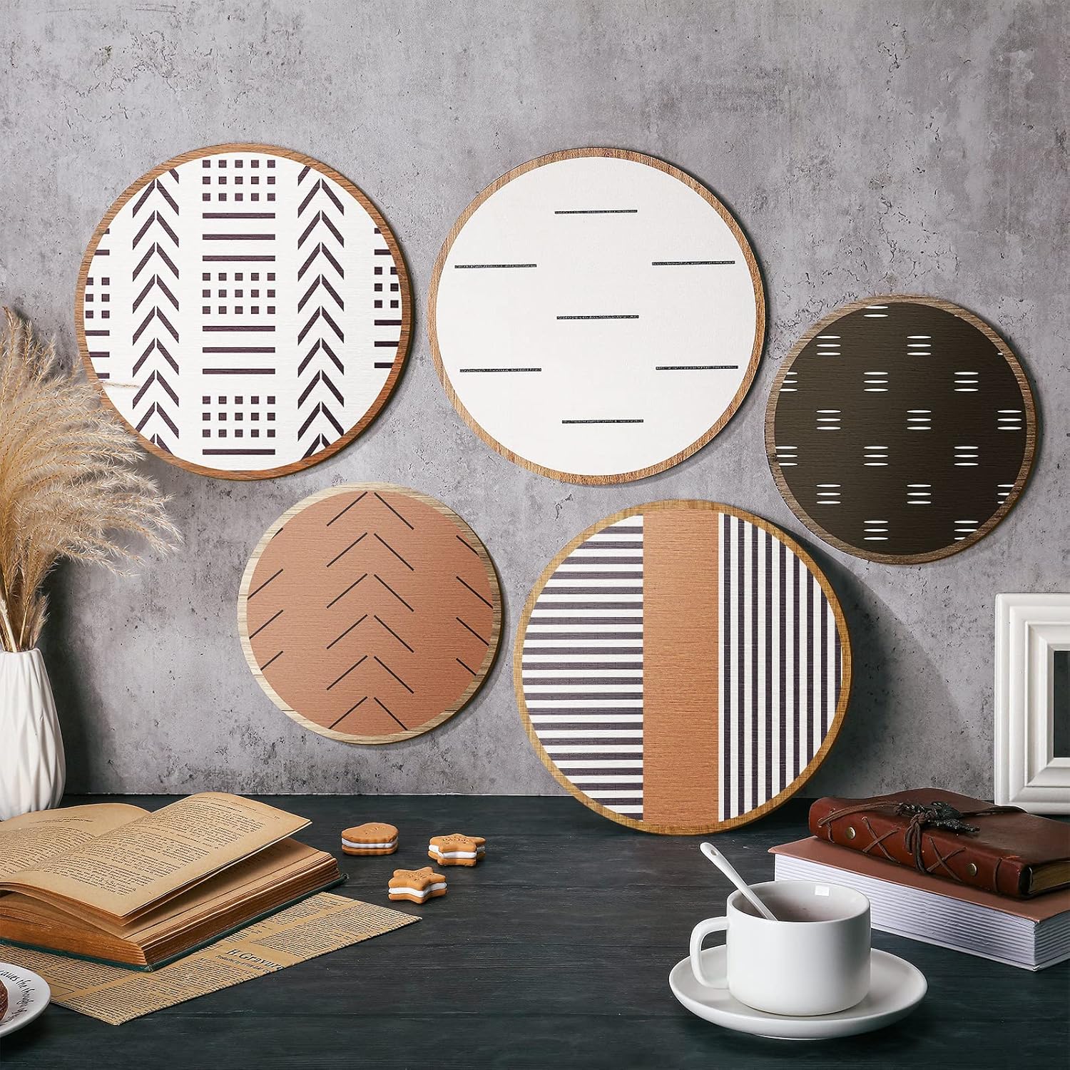 Farmhouse Home Wall Decor Wooden Aztec Diamond Sign Wall Art Wood Geometric Diamond Frame Wall Hanging Boho Wall Art Prints on Wood for Apartment Bedroom Living Room (Round, 5 Pieces) - Image 2