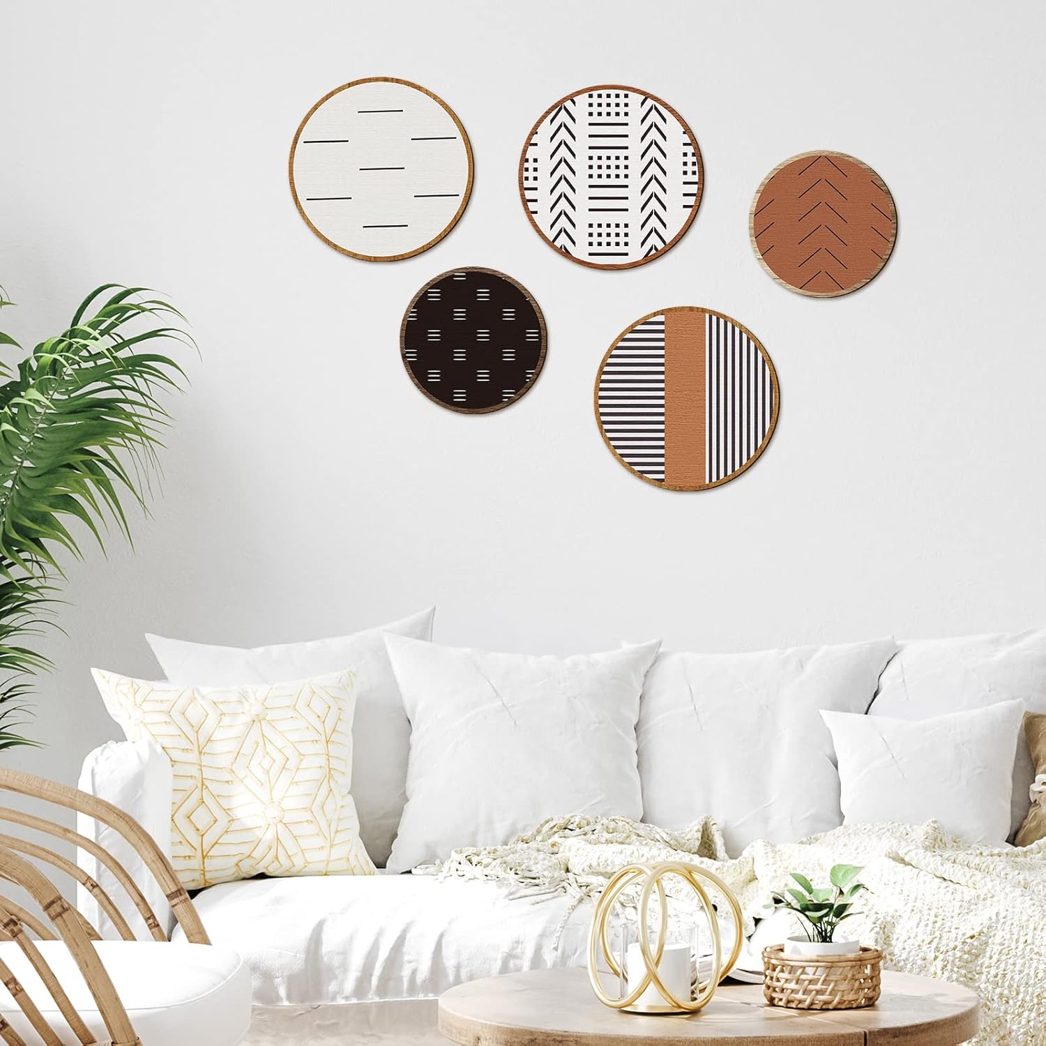 Farmhouse Home Wall Decor Wooden Aztec Diamond Sign Wall Art Wood Geometric Diamond Frame Wall Hanging Boho Wall Art Prints on Wood for Apartment Bedroom Living Room (Round, 5 Pieces) - Image 4