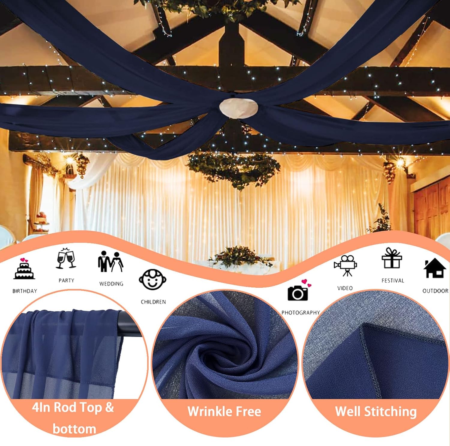 FUHSY Ceiling Decorations for Wedding Navy Blue Chiffon Wedding Arch Draping Fabric 6 Panels 5FTx10FT Ceiling Drapes Party Decorations Sheer Arch Curtains for Ceremony Swag Archway for Reception Decor - Image 5